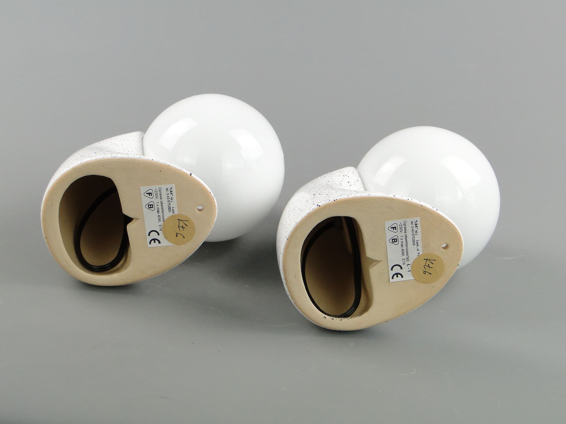 Pair of modernist wall sconces, white ceramics, opaline glass, Poland, 1970s. - 2152