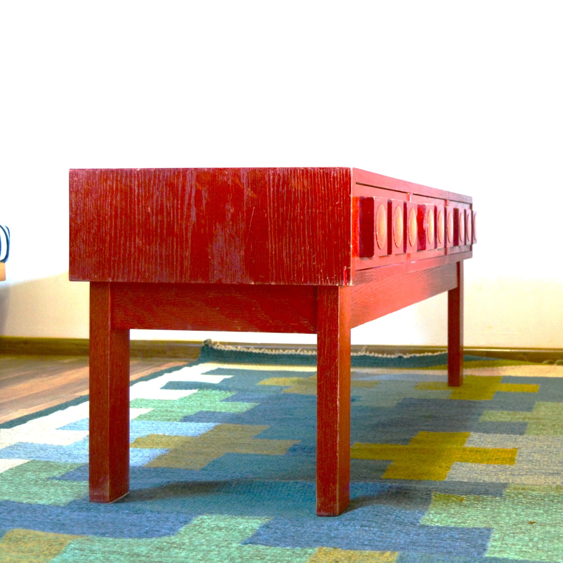 Console with Mirror, red, wood, by L. G. Nilsson, E. Wrangel, Ateljé Glas & Trä, Sweden, 1960s. - 79274