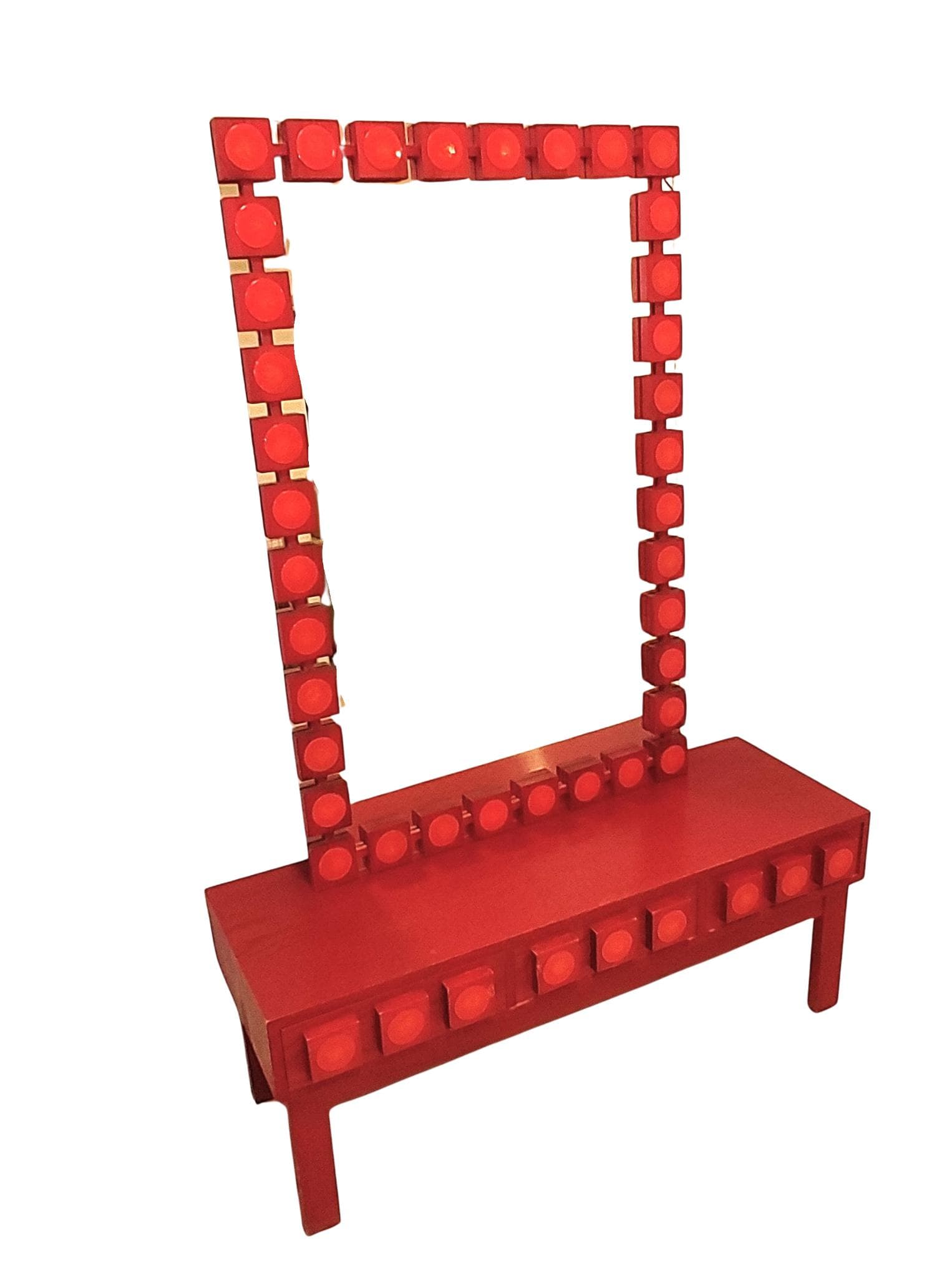 Console with Mirror, red, wood, by L. G. Nilsson, E. Wrangel, Ateljé Glas & Trä, Sweden, 1960s.