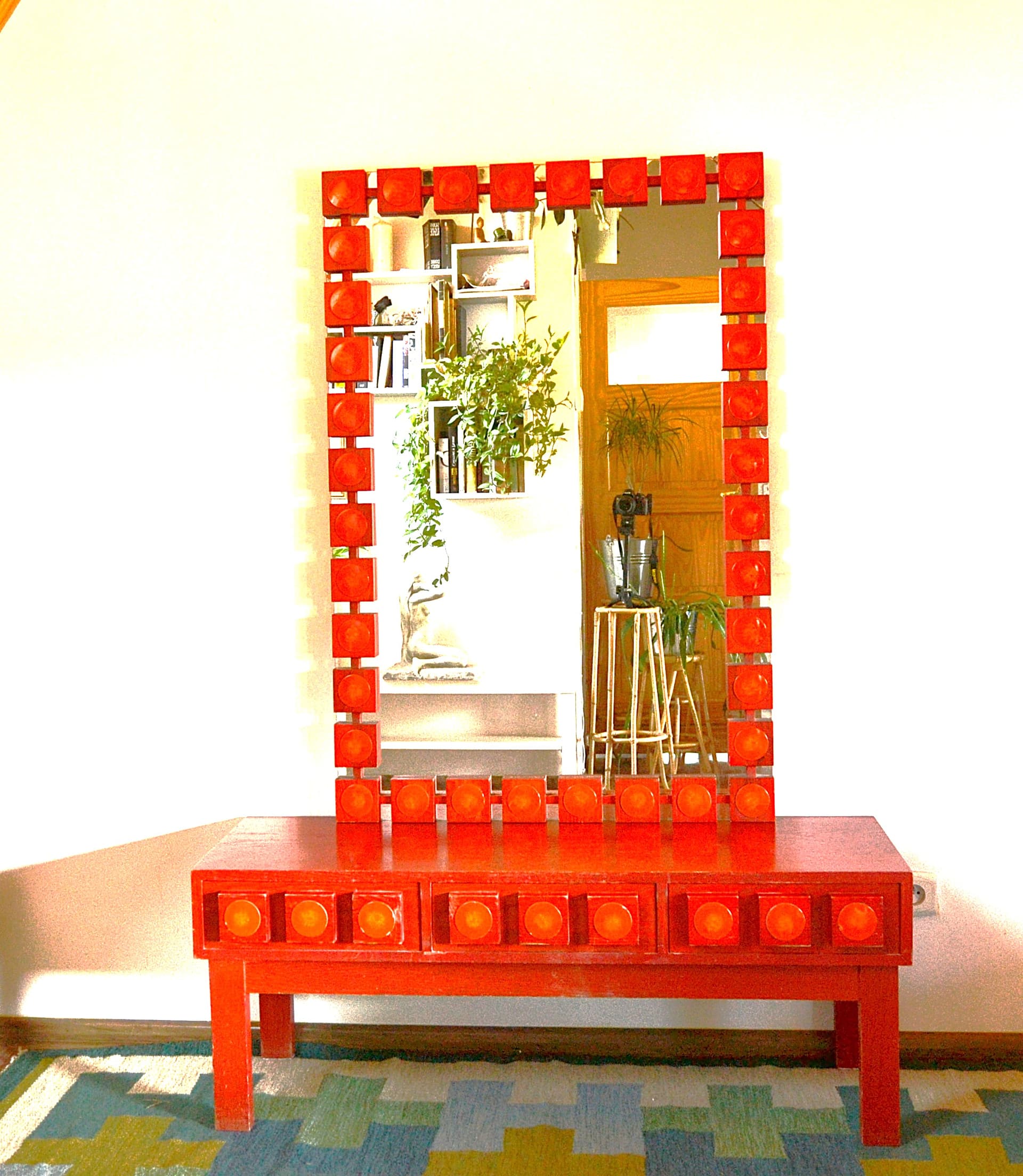 Console with Mirror, red, wood, by L. G. Nilsson, E. Wrangel, Ateljé Glas & Trä, Sweden, 1960s. - 79270