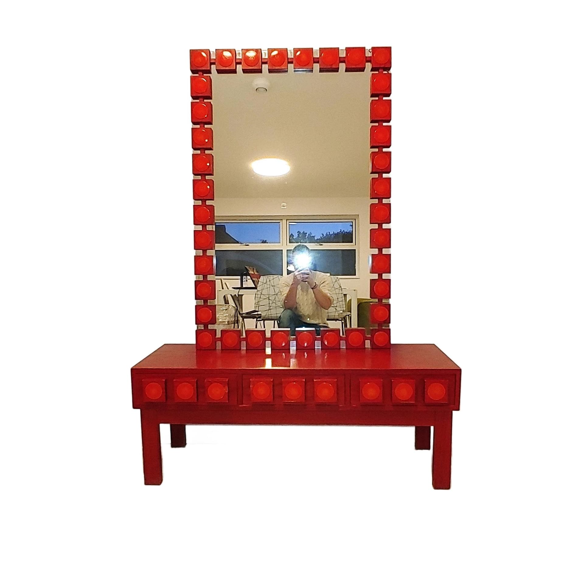 Console with Mirror, red, wood, by L. G. Nilsson, E. Wrangel, Ateljé Glas & Trä, Sweden, 1960s. - 79267