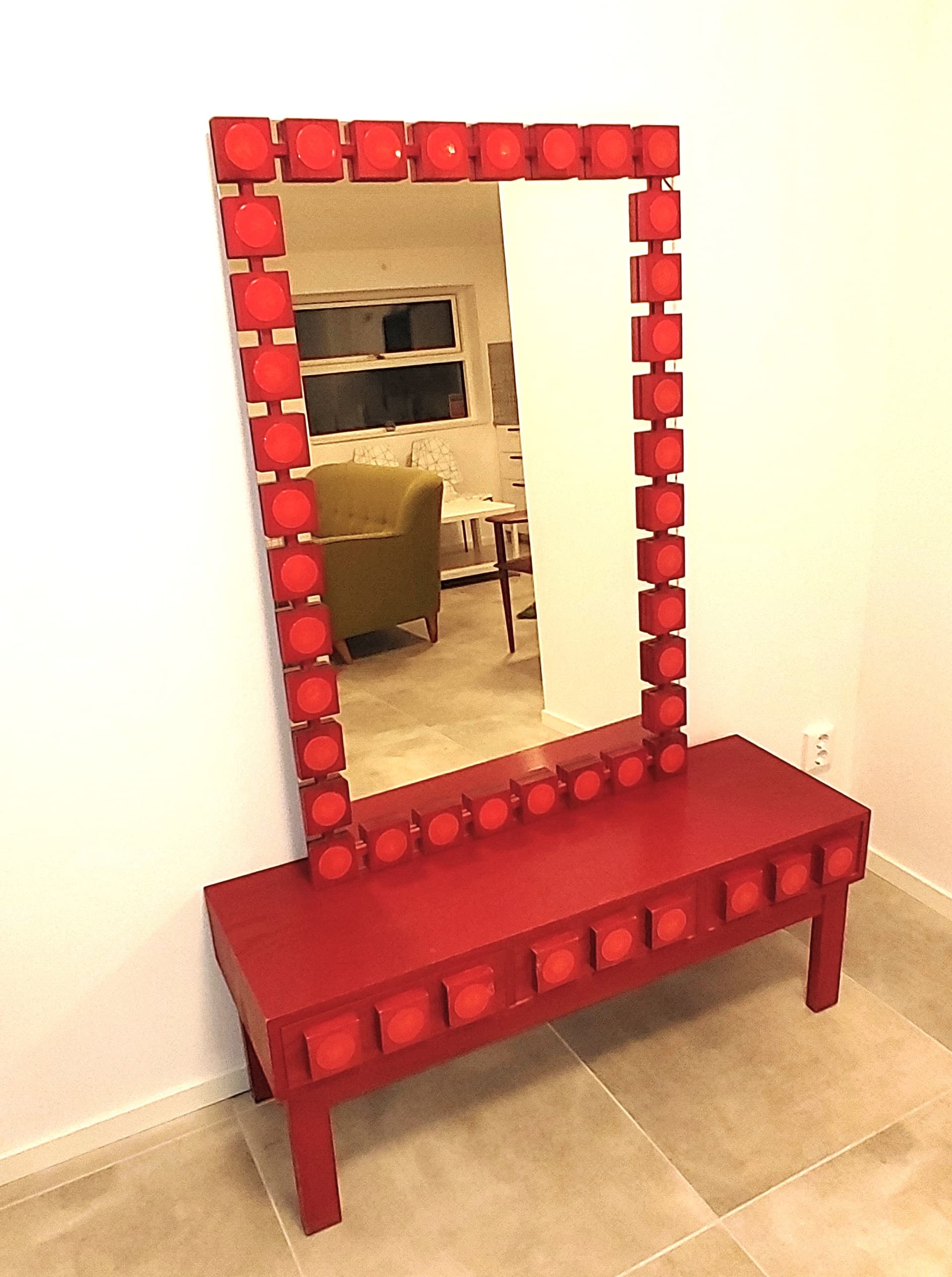 Console with Mirror, red, wood, by L. G. Nilsson, E. Wrangel, Ateljé Glas & Trä, Sweden, 1960s. - 79268