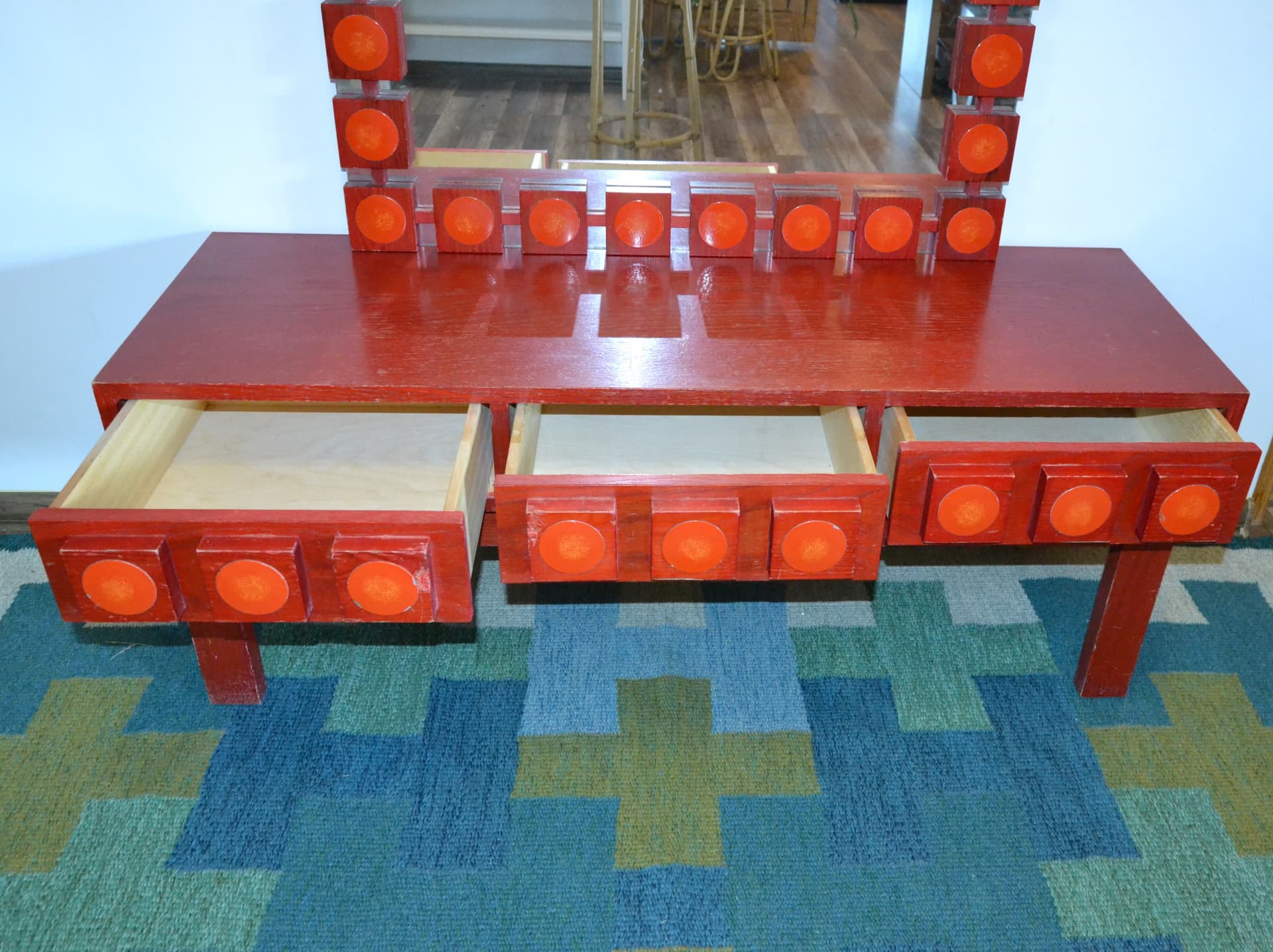 Console with Mirror, red, wood, by L. G. Nilsson, E. Wrangel, Ateljé Glas & Trä, Sweden, 1960s. - 79260