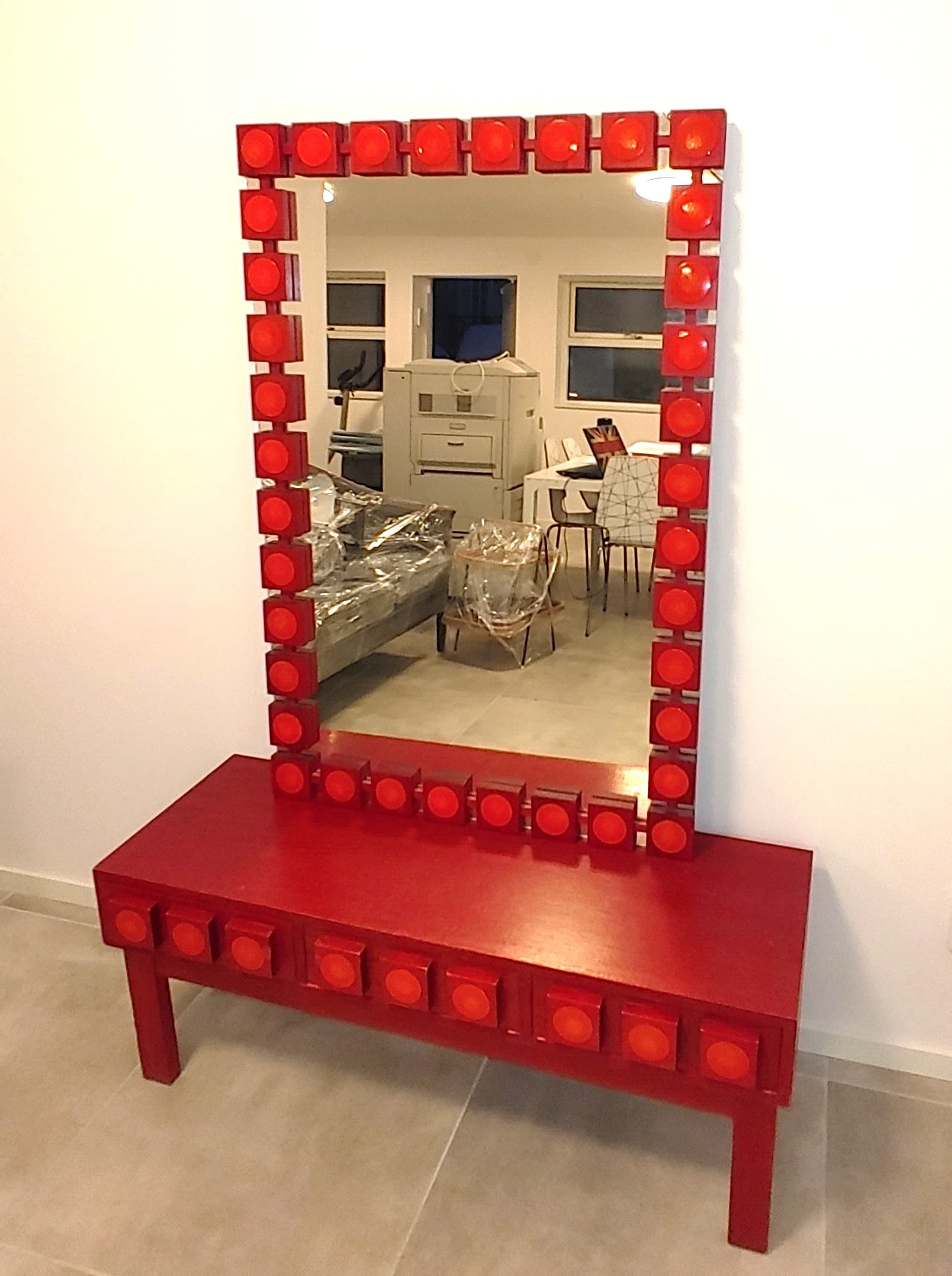 Console with Mirror, red, wood, by L. G. Nilsson, E. Wrangel, Ateljé Glas & Trä, Sweden, 1960s. - 79262