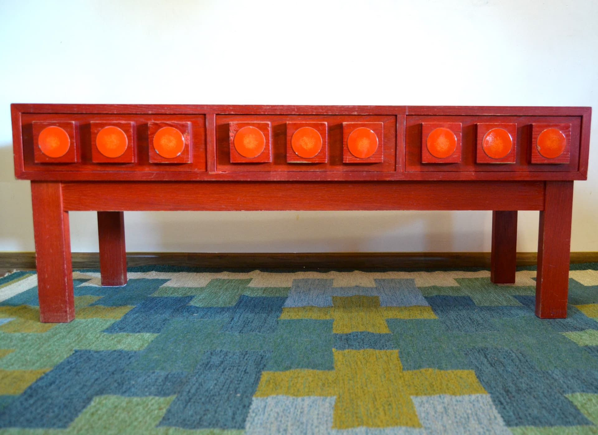 Console with Mirror, red, wood, by L. G. Nilsson, E. Wrangel, Ateljé Glas & Trä, Sweden, 1960s. - 79272