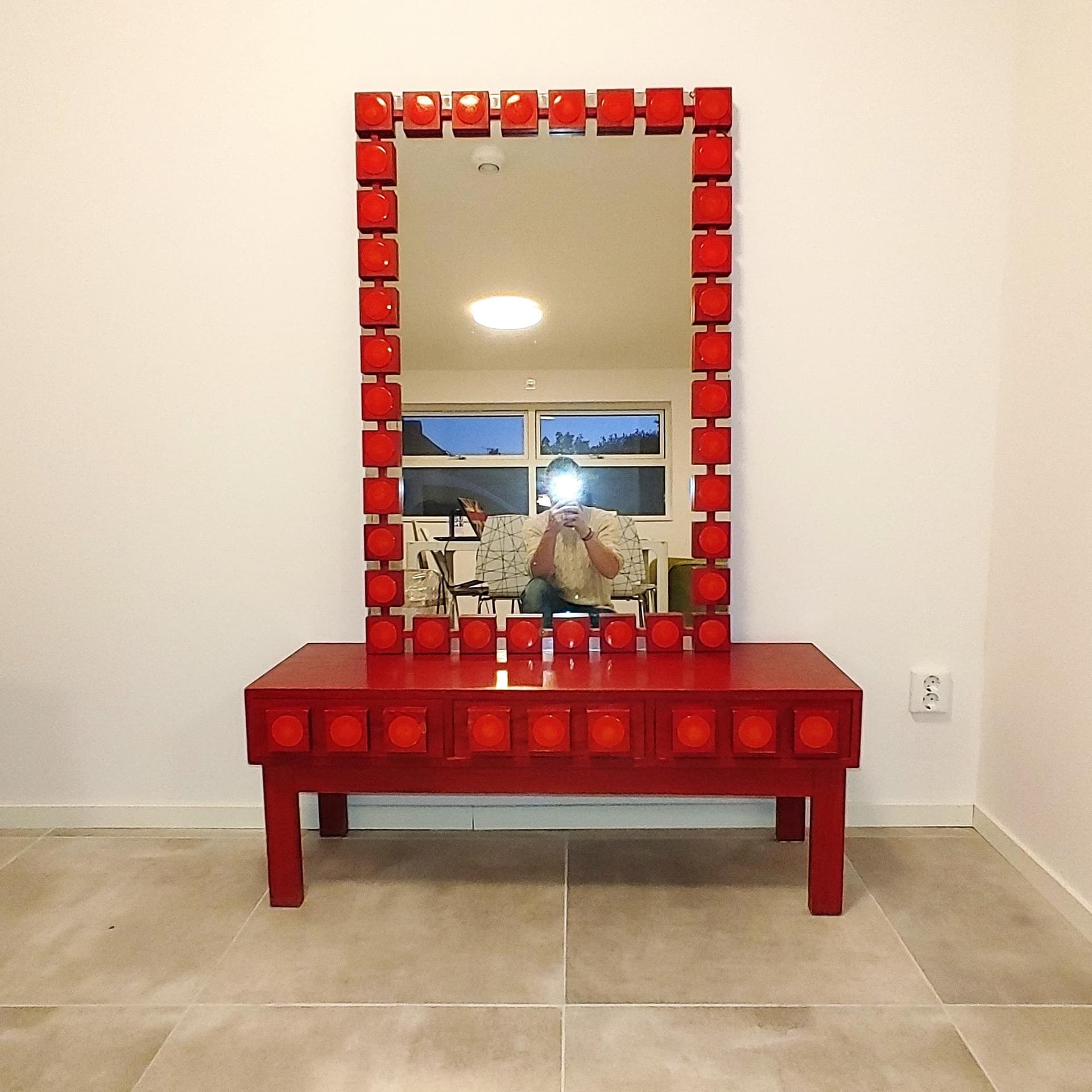 Console with Mirror, red, wood, by L. G. Nilsson, E. Wrangel, Ateljé Glas & Trä, Sweden, 1960s. - 79265