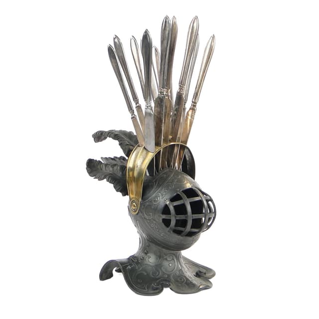 Fruit Knife Set Knight’s Helmet, grey pewter brass, Albrecht Kohler, Austria, early 20th c. - DIMENSION
