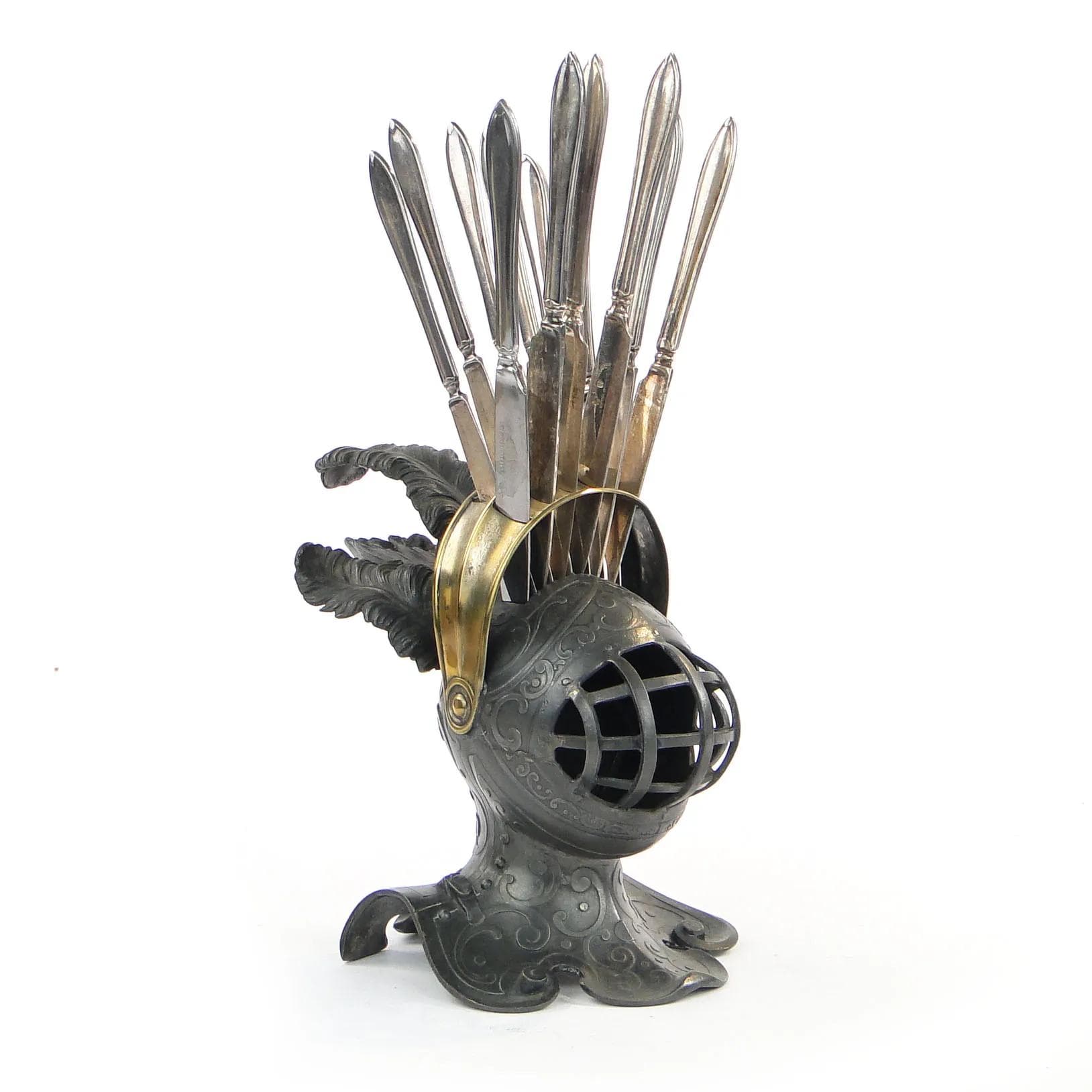 Fruit Knife Set Knight’s Helmet, grey pewter brass, Albrecht Kohler, Austria, early 20th c. - 20961