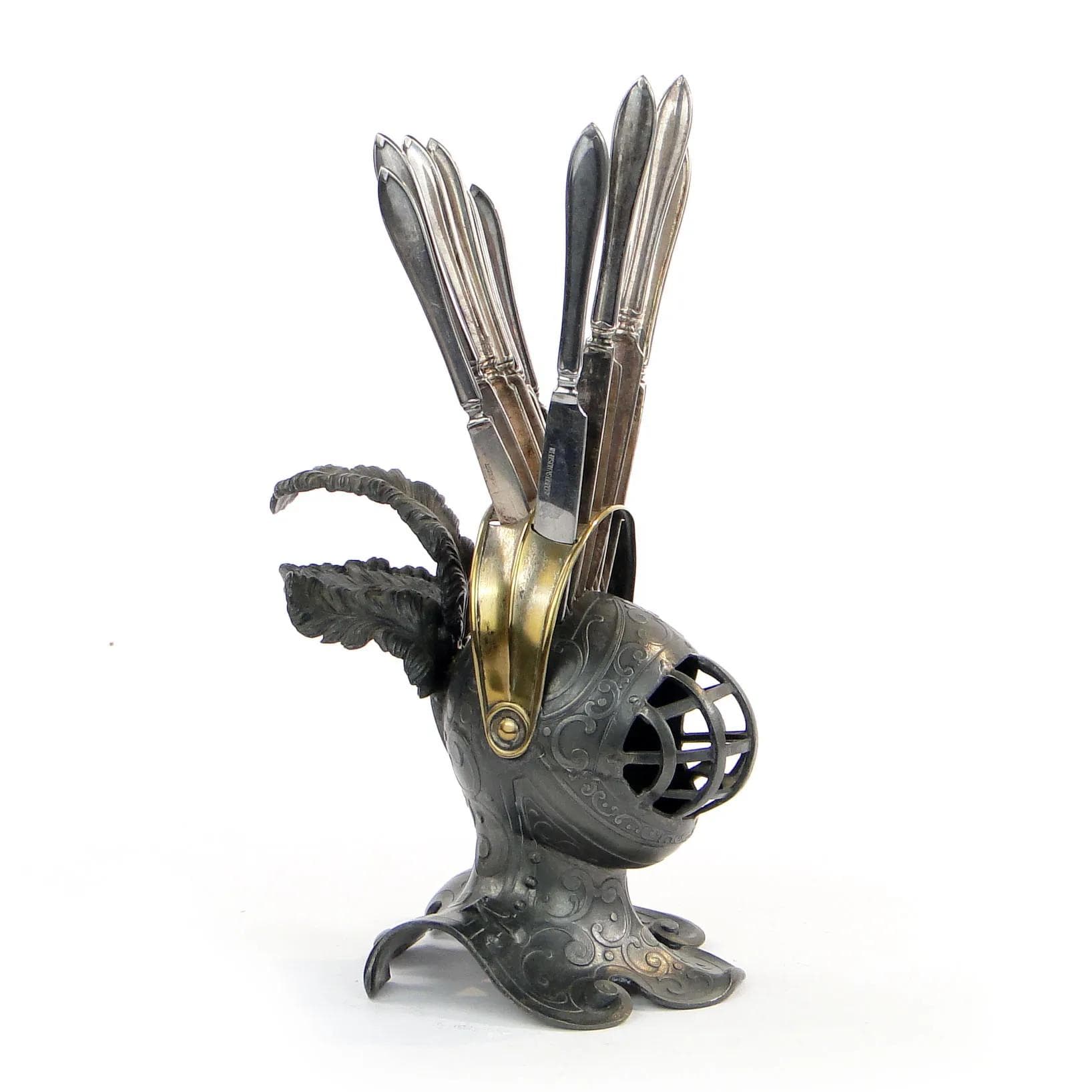 Fruit Knife Set Knight’s Helmet, grey pewter brass, Albrecht Kohler, Austria, early 20th c. - 20962