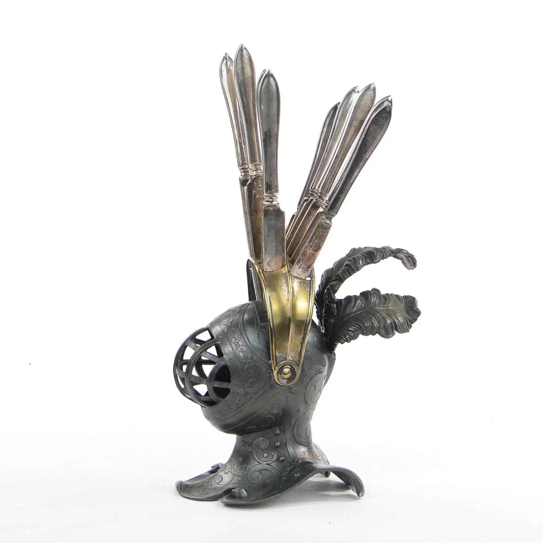 Fruit Knife Set Knight’s Helmet, grey pewter brass, Albrecht Kohler, Austria, early 20th c. - 20963