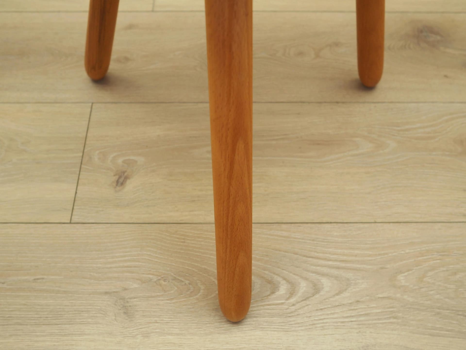 Three-legged stool, yellow, wood, by A. Hovmand-Olsen, Denmark, 1950s. - 20817