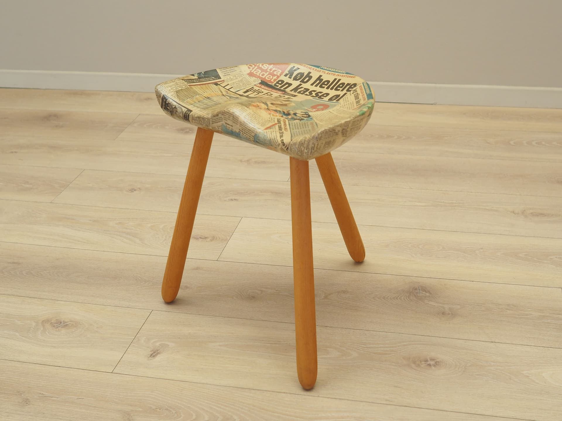 Three-legged stool, yellow, wood, by A. Hovmand-Olsen, Denmark, 1950s. - 73539
