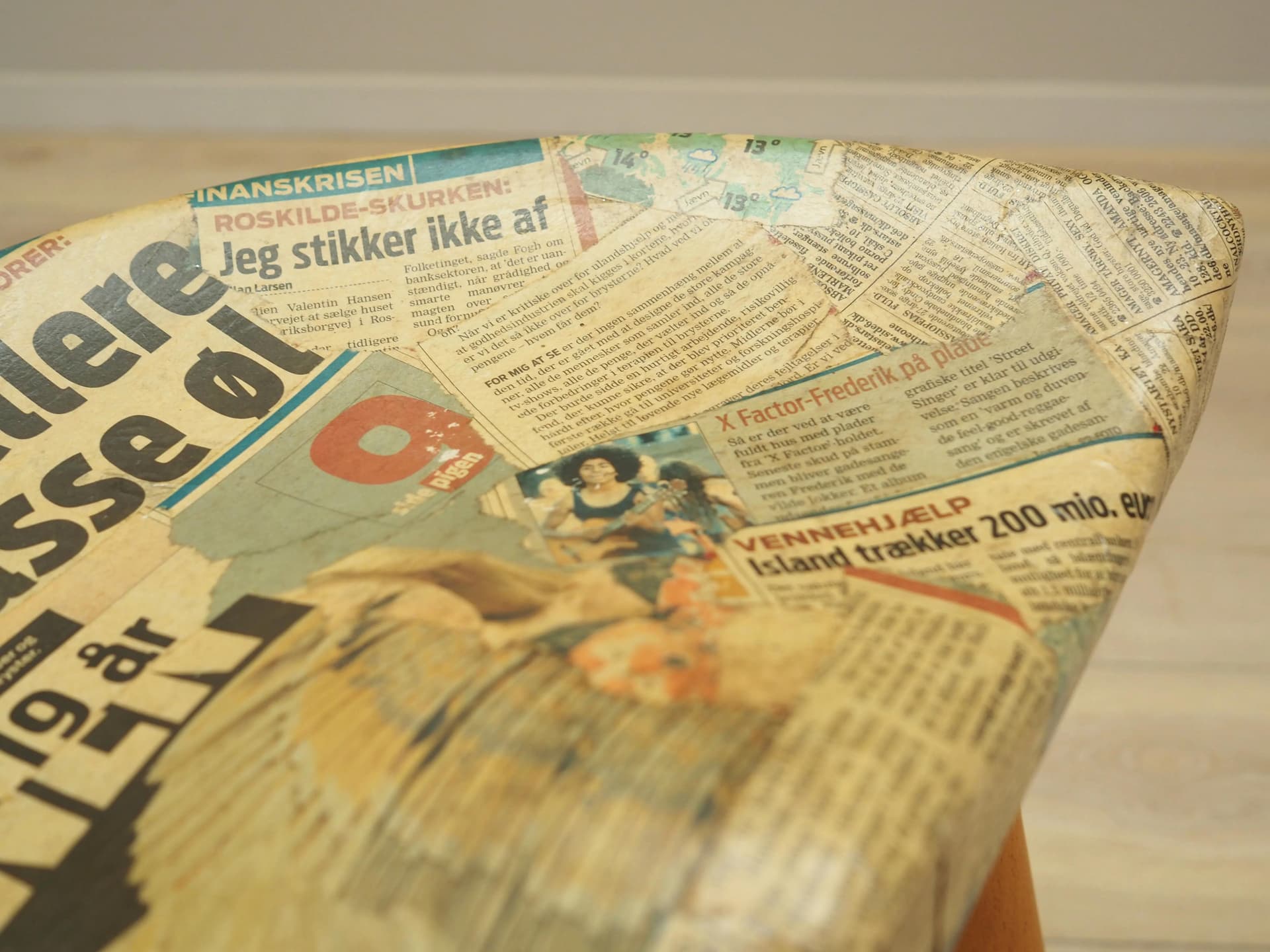 Three-legged stool, yellow, wood, by A. Hovmand-Olsen, Denmark, 1950s. - 20818