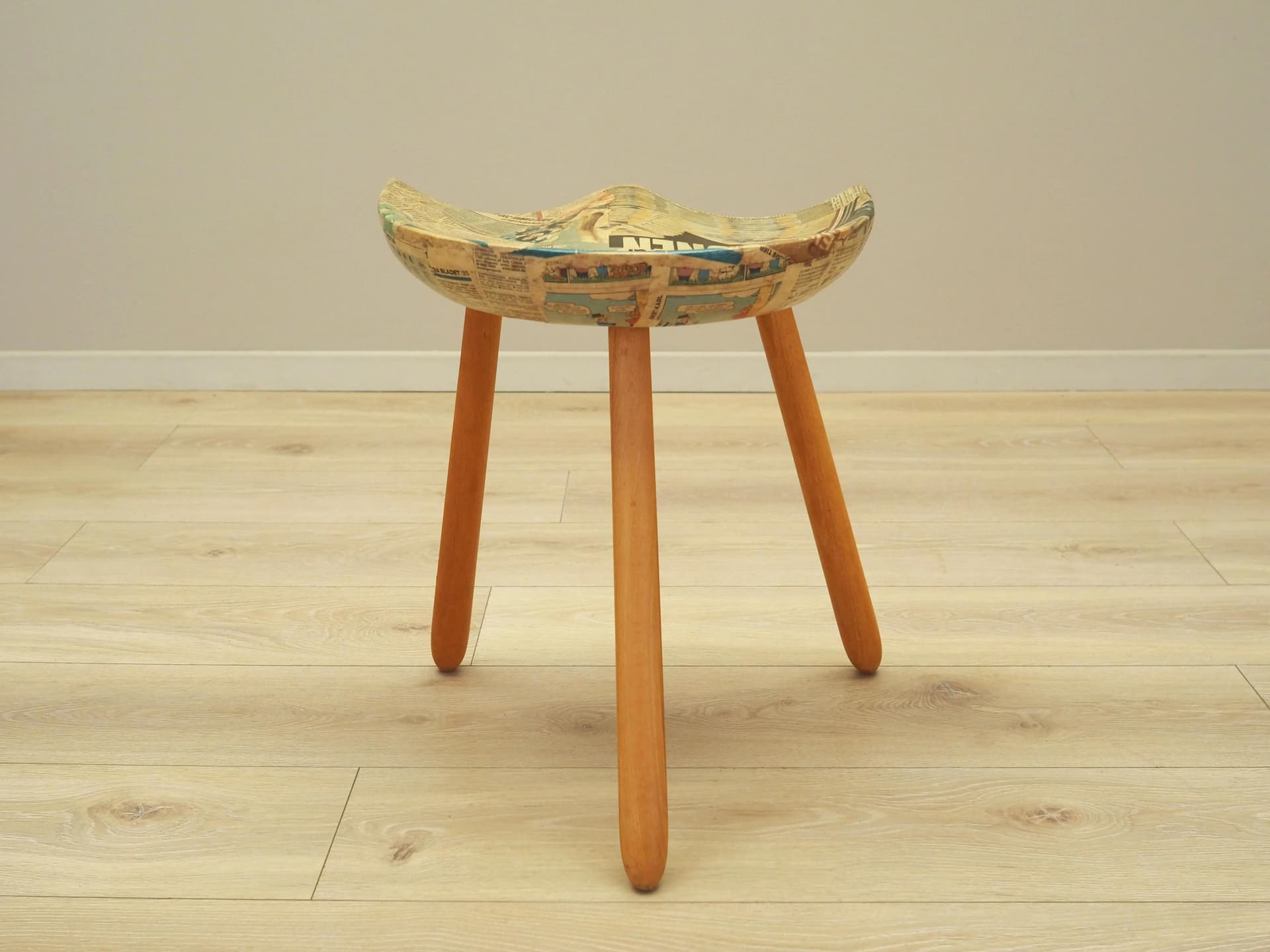 Three-legged stool, yellow, wood, by A. Hovmand-Olsen, Denmark, 1950s. - 20815