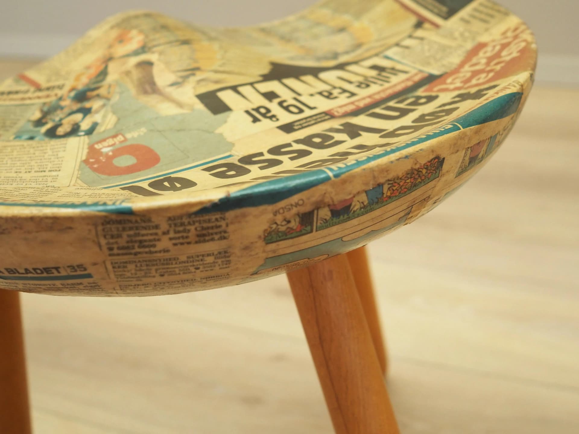 Three-legged stool, yellow, wood, by A. Hovmand-Olsen, Denmark, 1950s. - 20820