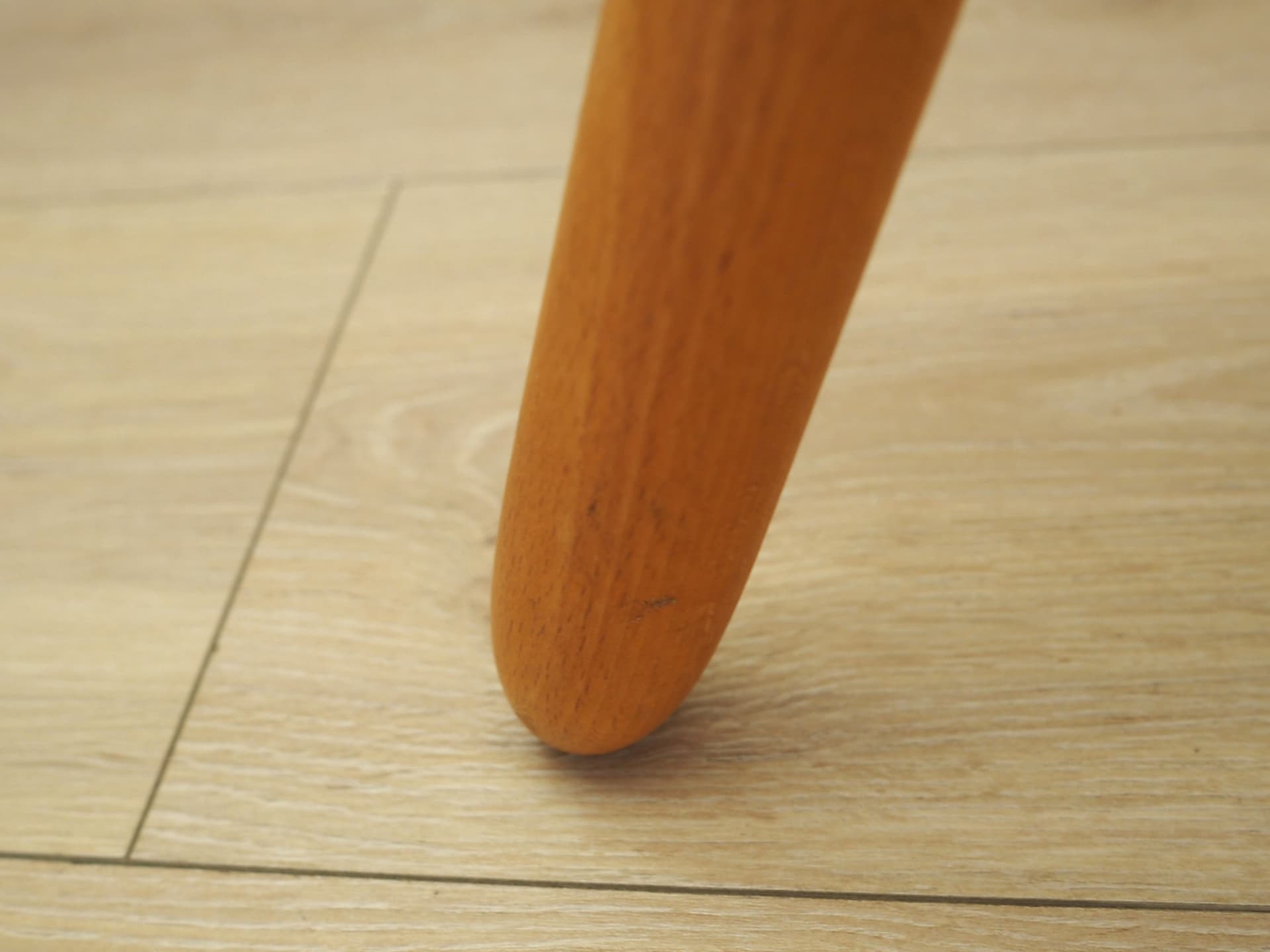 Three-legged stool, yellow, wood, by A. Hovmand-Olsen, Denmark, 1950s. - 73540