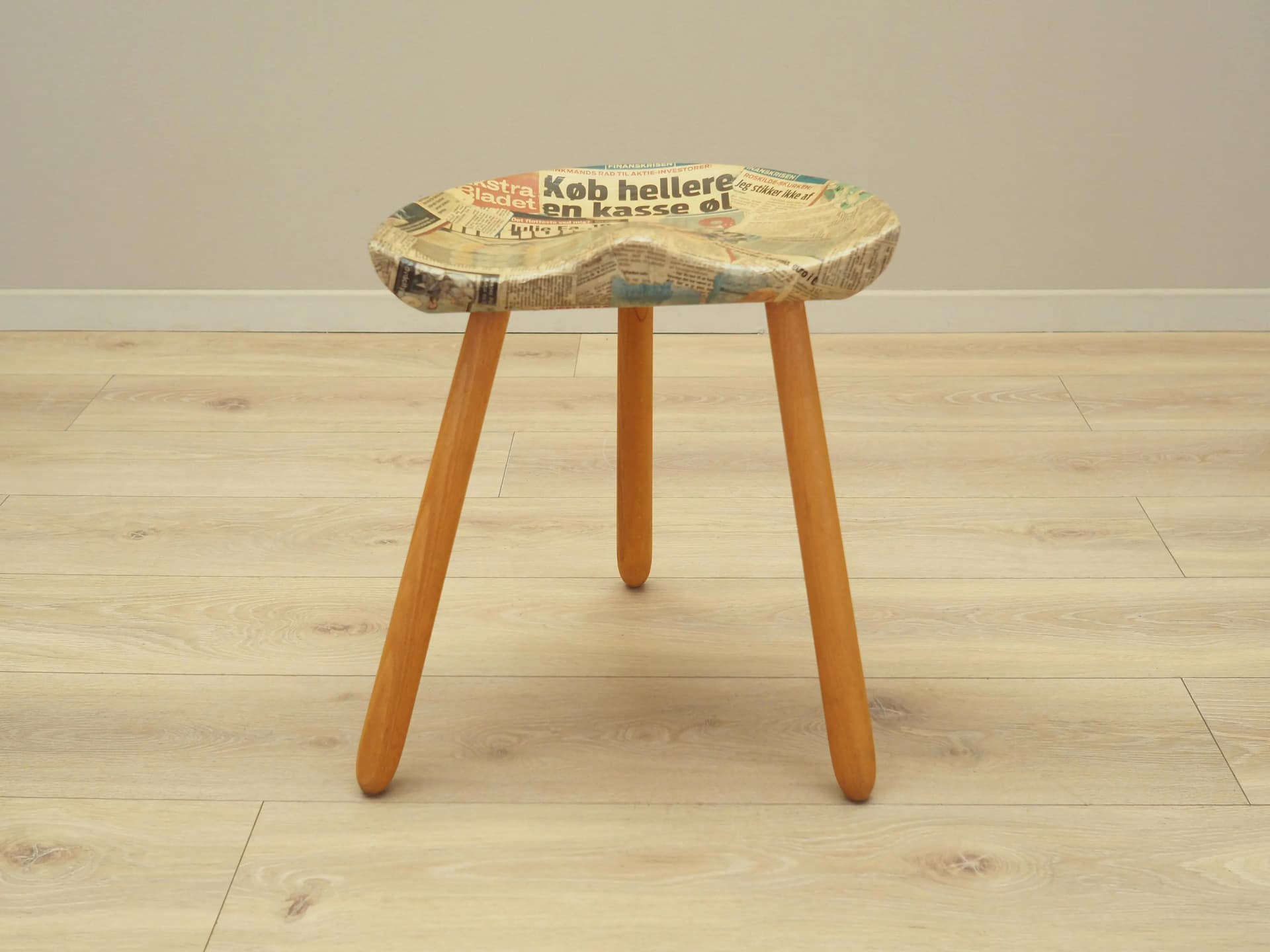 Three-legged stool, yellow, wood, by A. Hovmand-Olsen, Denmark, 1950s. - 20813