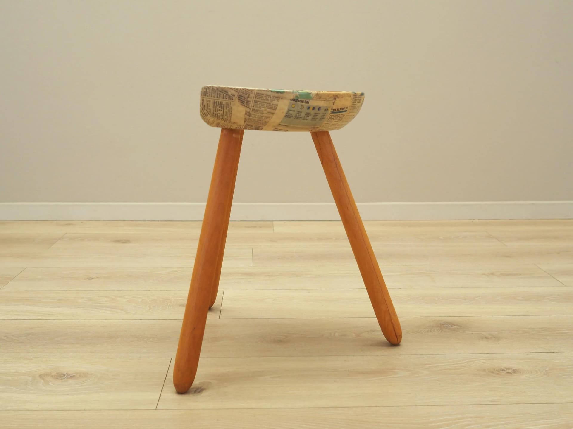 Three-legged stool, yellow, wood, by A. Hovmand-Olsen, Denmark, 1950s. - 20814