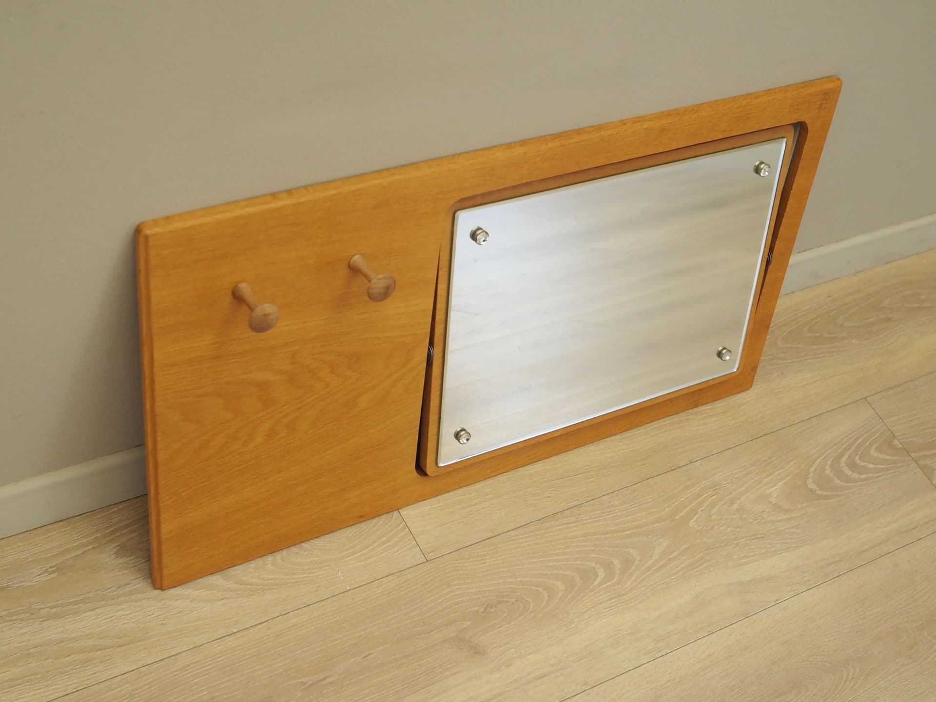 Wall-mounted coat rack with mirror, yellow ash, glass, Denmark, 1980s. - 21026