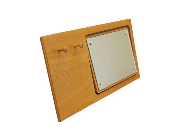 Wall-mounted coat rack with mirror, yellow ash, glass, Denmark, 1980s. - DIMENSION