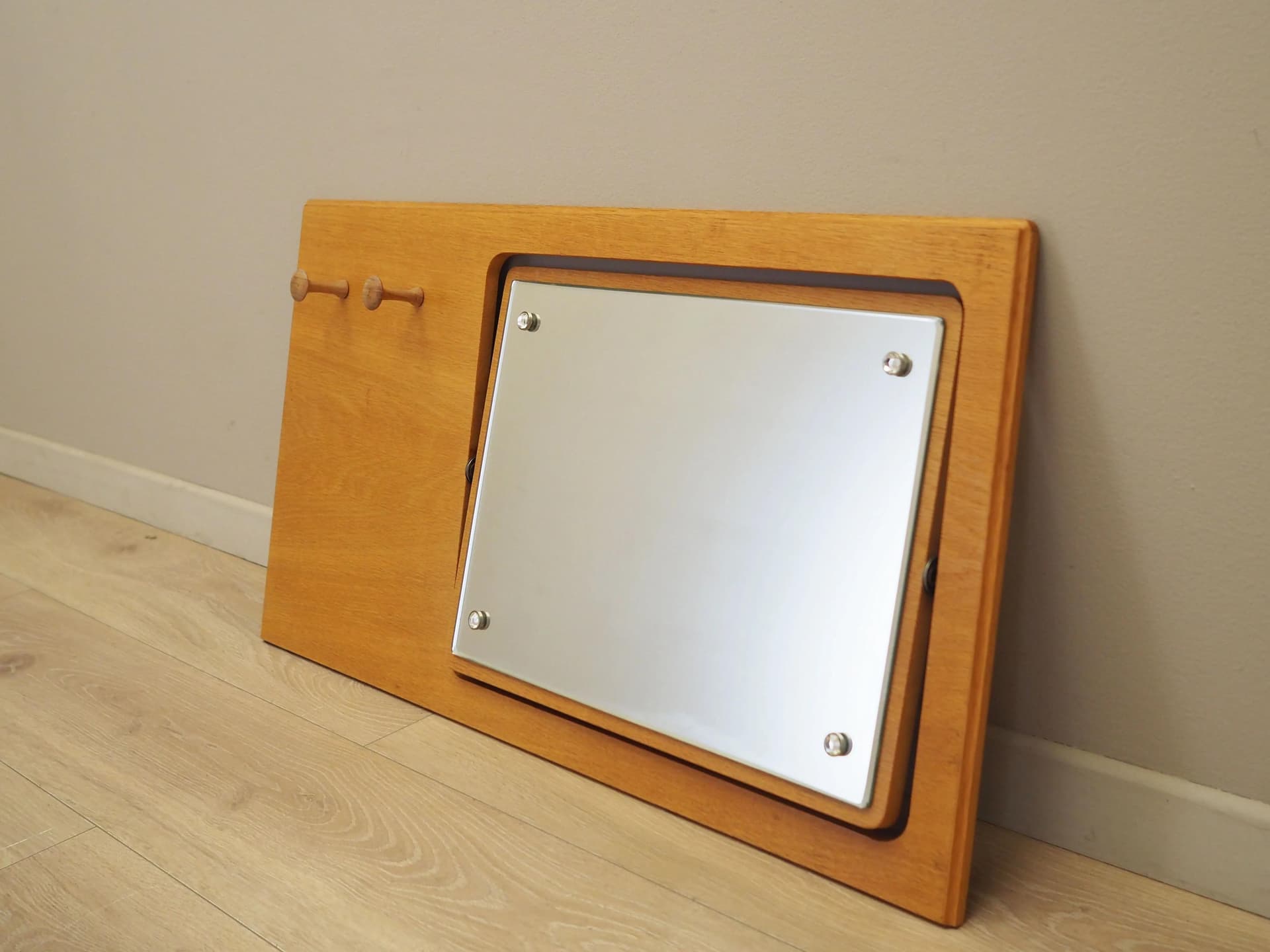 Wall-mounted coat rack with mirror, yellow ash, glass, Denmark, 1980s. - 21025