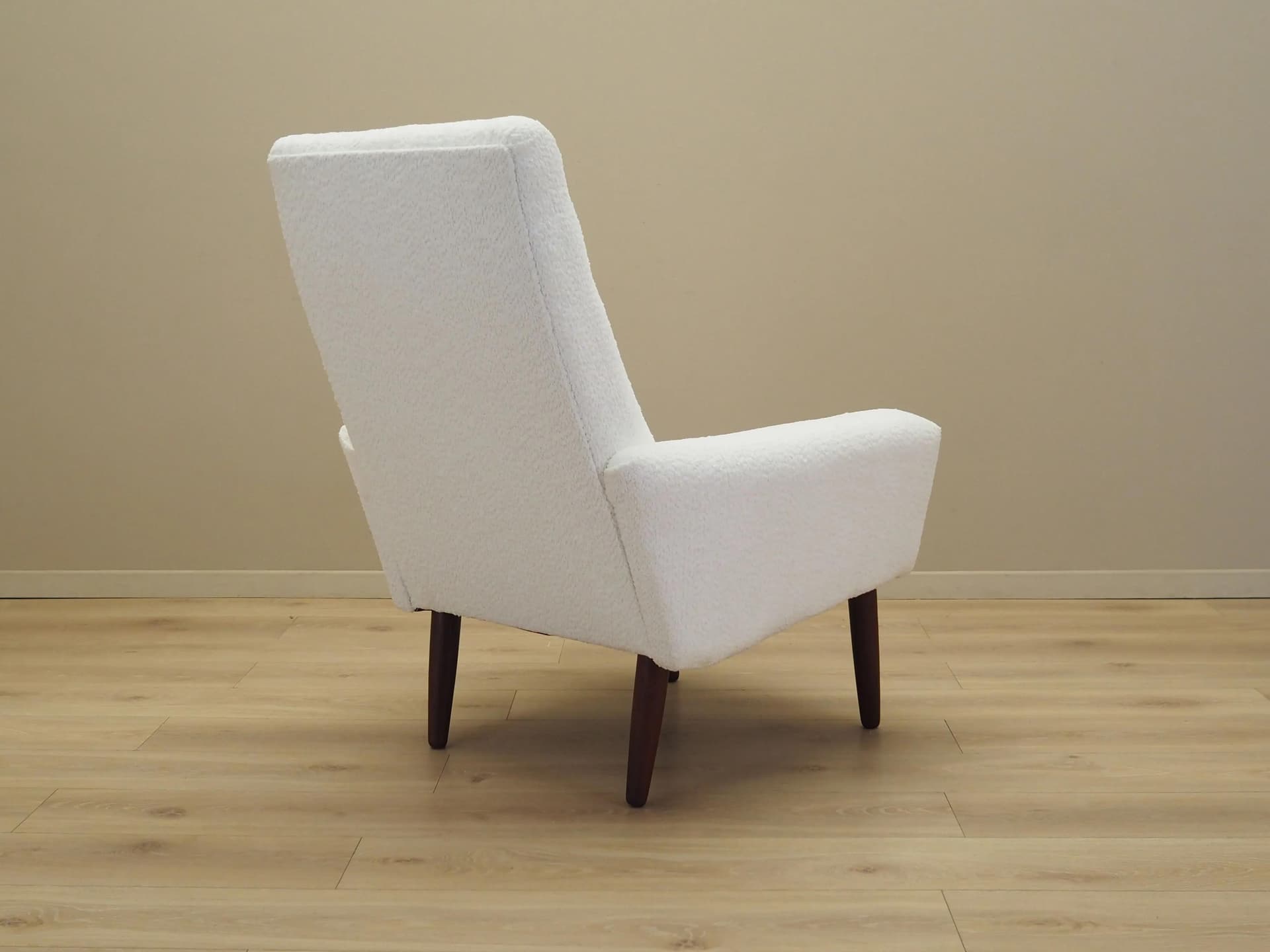 Armchair, white fabric, teak wood, Denmark, 1970s - 20984