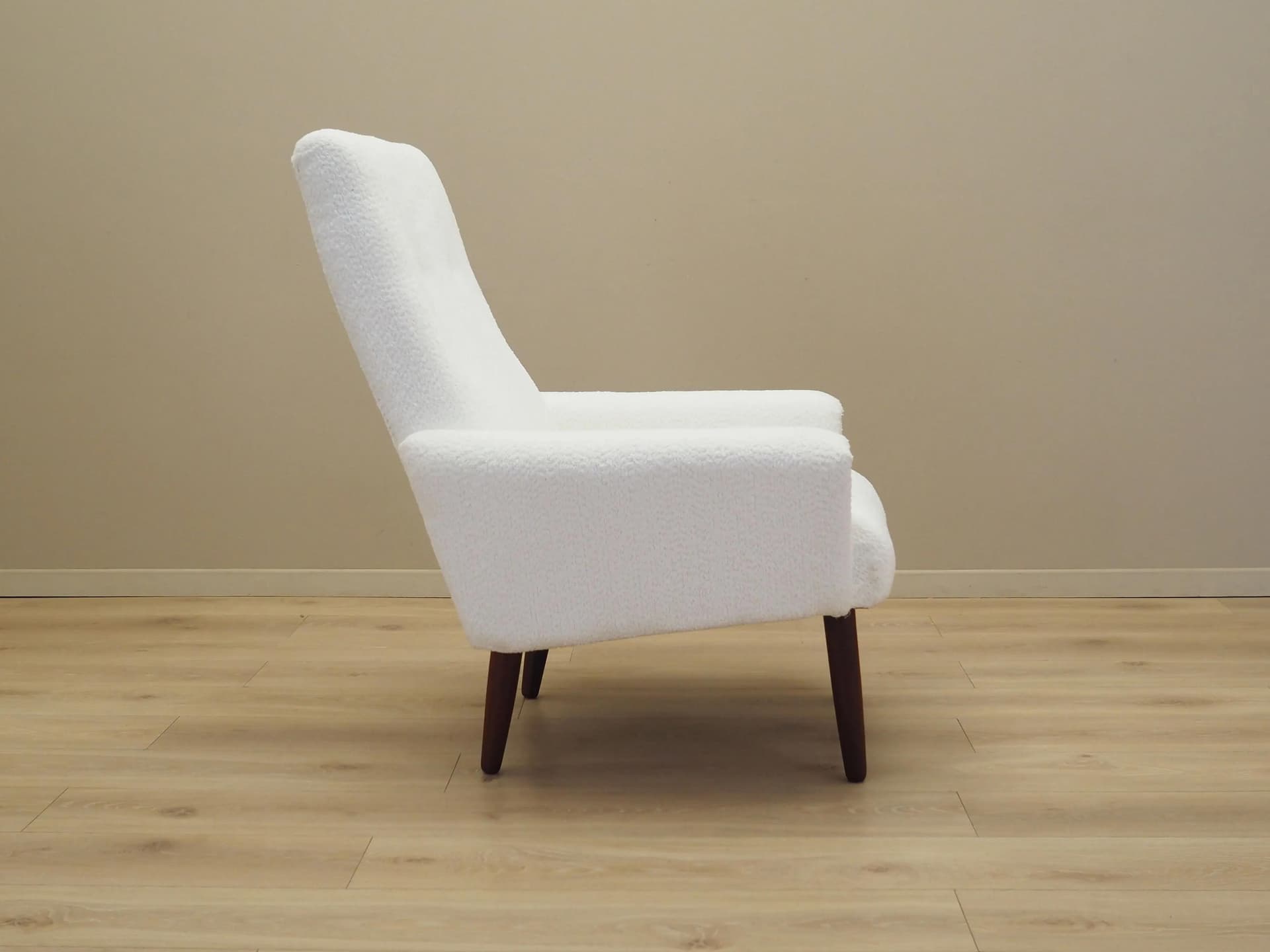 Armchair, white fabric, teak wood, Denmark, 1970s - 20985
