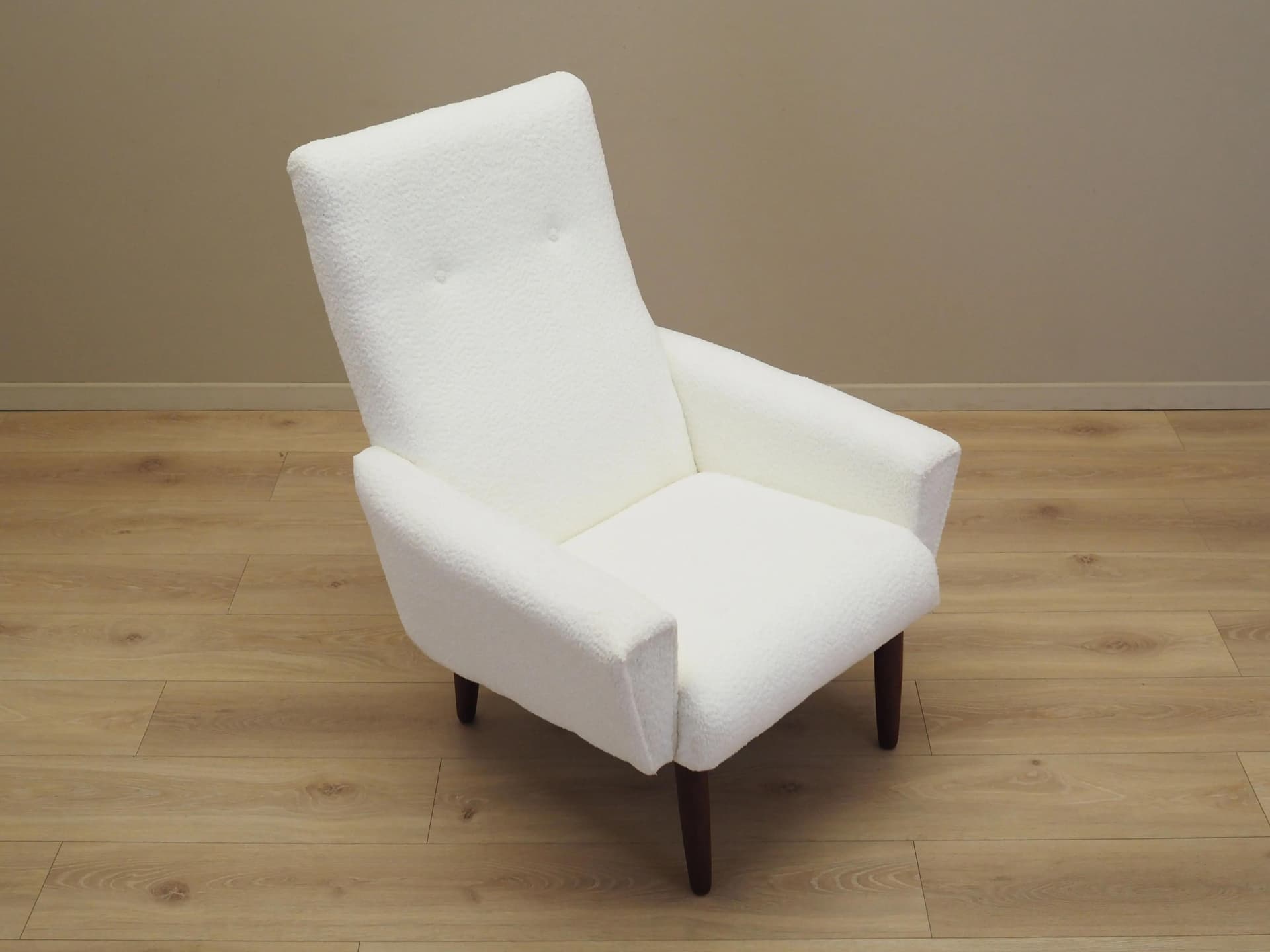 Armchair, white fabric, teak wood, Denmark, 1970s - 20986