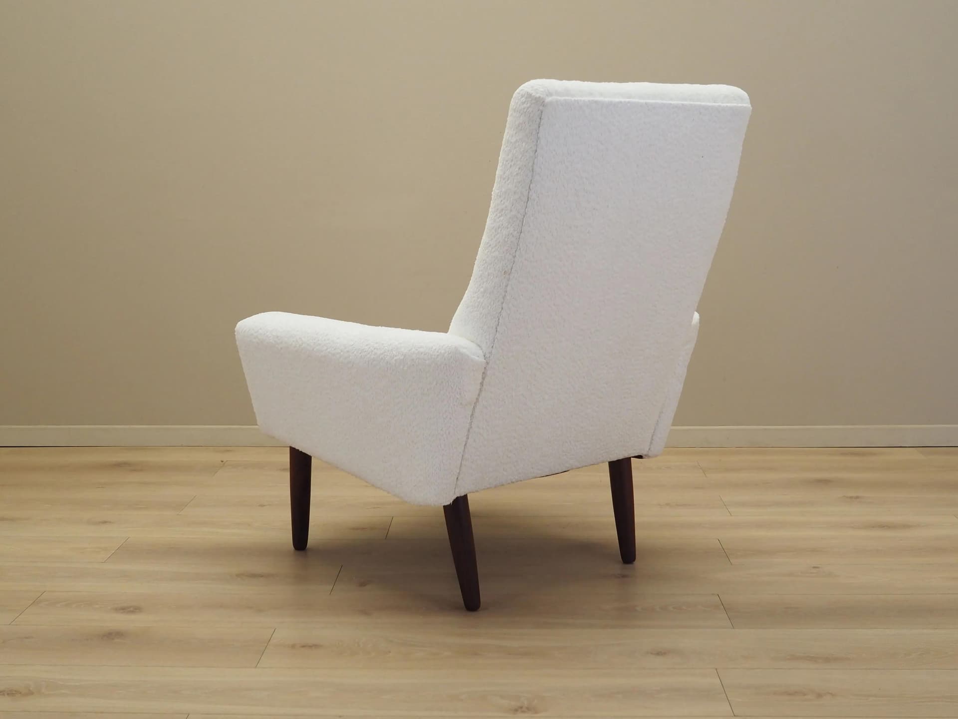 Armchair, white fabric, teak wood, Denmark, 1970s - 20982