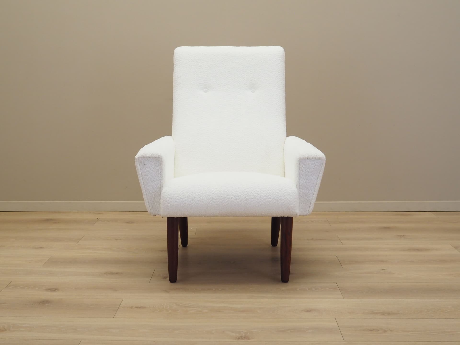 Armchair, white fabric, teak wood, Denmark, 1970s - 67491