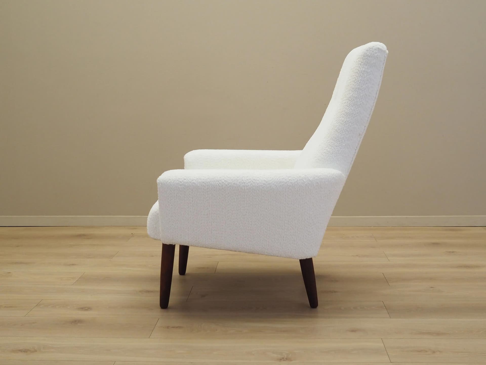 Armchair, white fabric, teak wood, Denmark, 1970s - 20981