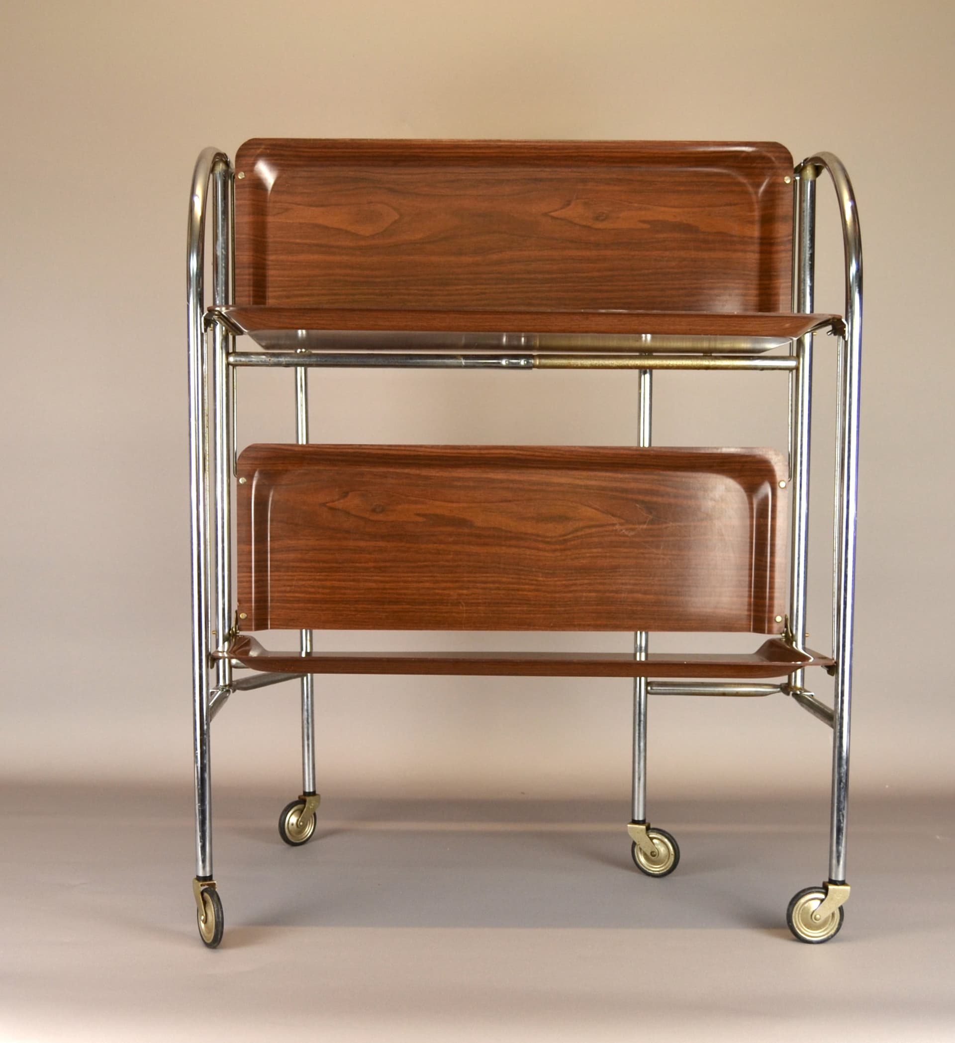 Bar Cart Space Age, brown wood, chrome steel, Germany, 1970s - 79244