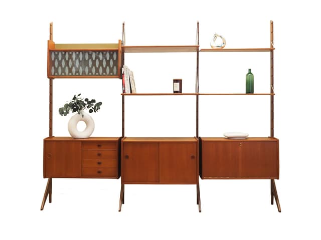 Regał systemowy Ergo, teak brązowy, proj. J. Texmon & E. Blindheim, Norwegia, lata 60. - WYMIARY