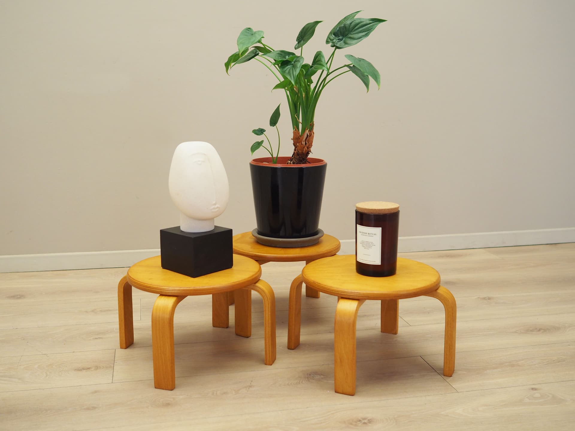 Set of Three Plant Stands, yellow, plywood, Denmark, 1970s - 67420