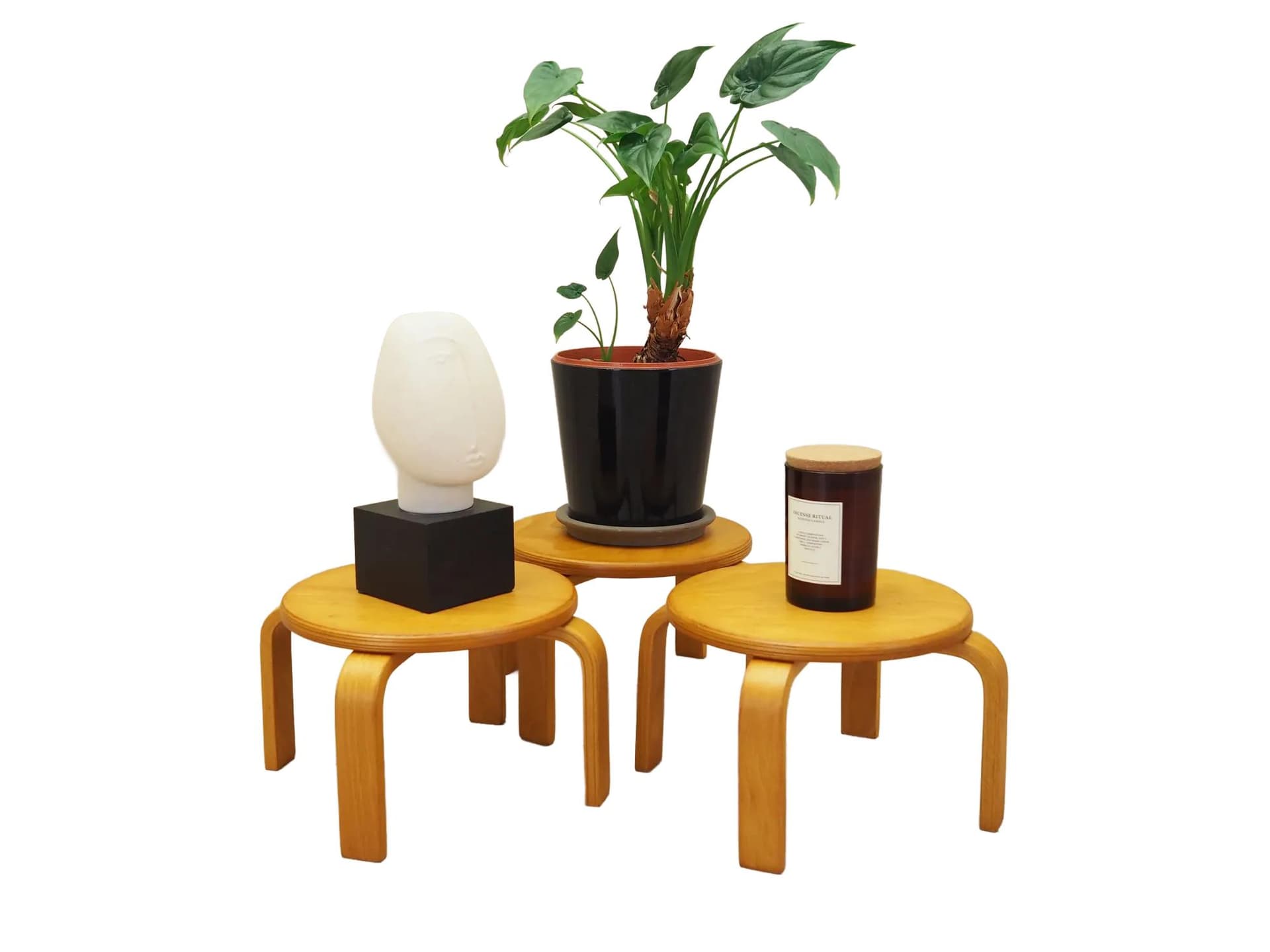 Set of Three Plant Stands, yellow, plywood, Denmark, 1970s