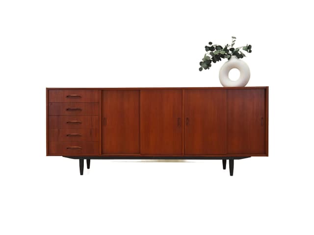 Sideboard, teak pomarańczowy, Dania, lata 70. - WYMIARY