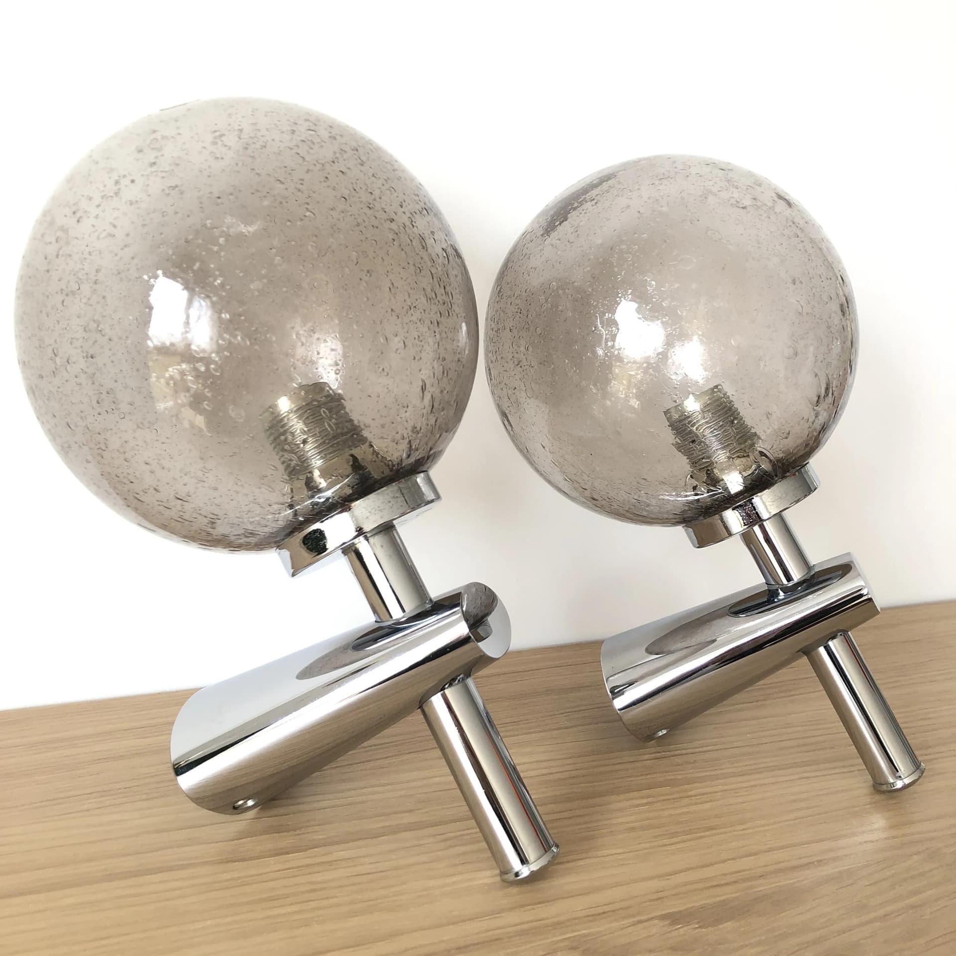 Pair of postmodern sconces, chrome, grey glass, Germany, 1980s. - 21588