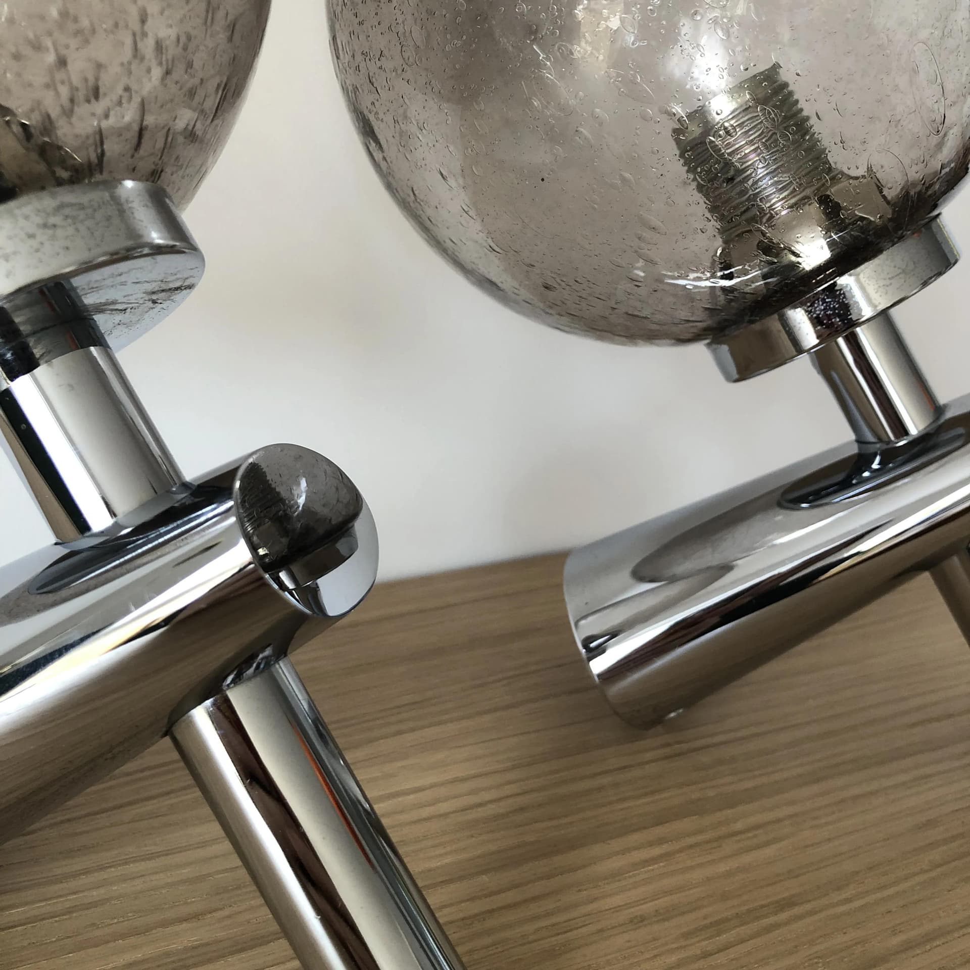 Pair of postmodern sconces, chrome, grey glass, Germany, 1980s. - 21585