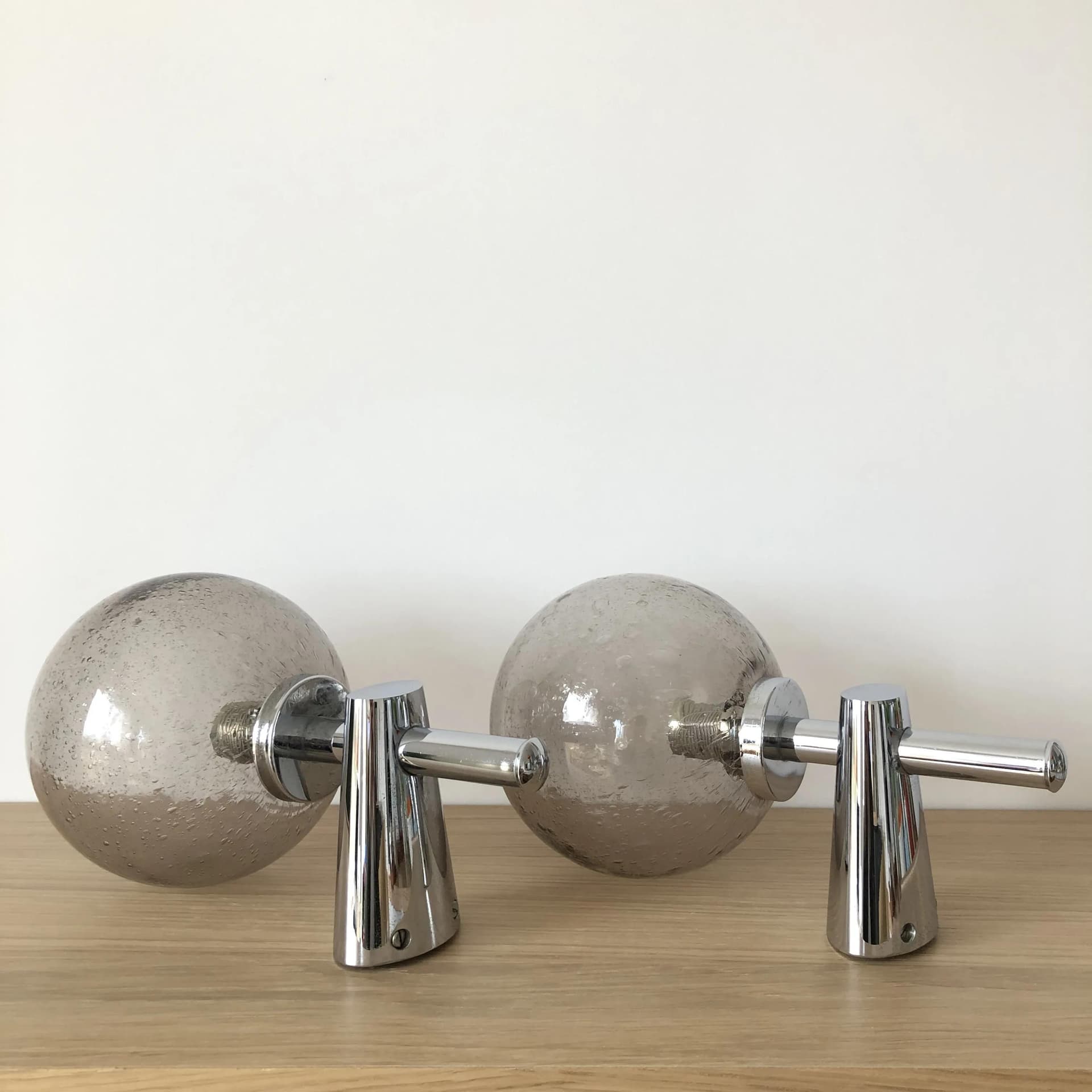 Pair of postmodern sconces, chrome, grey glass, Germany, 1980s. - 21586