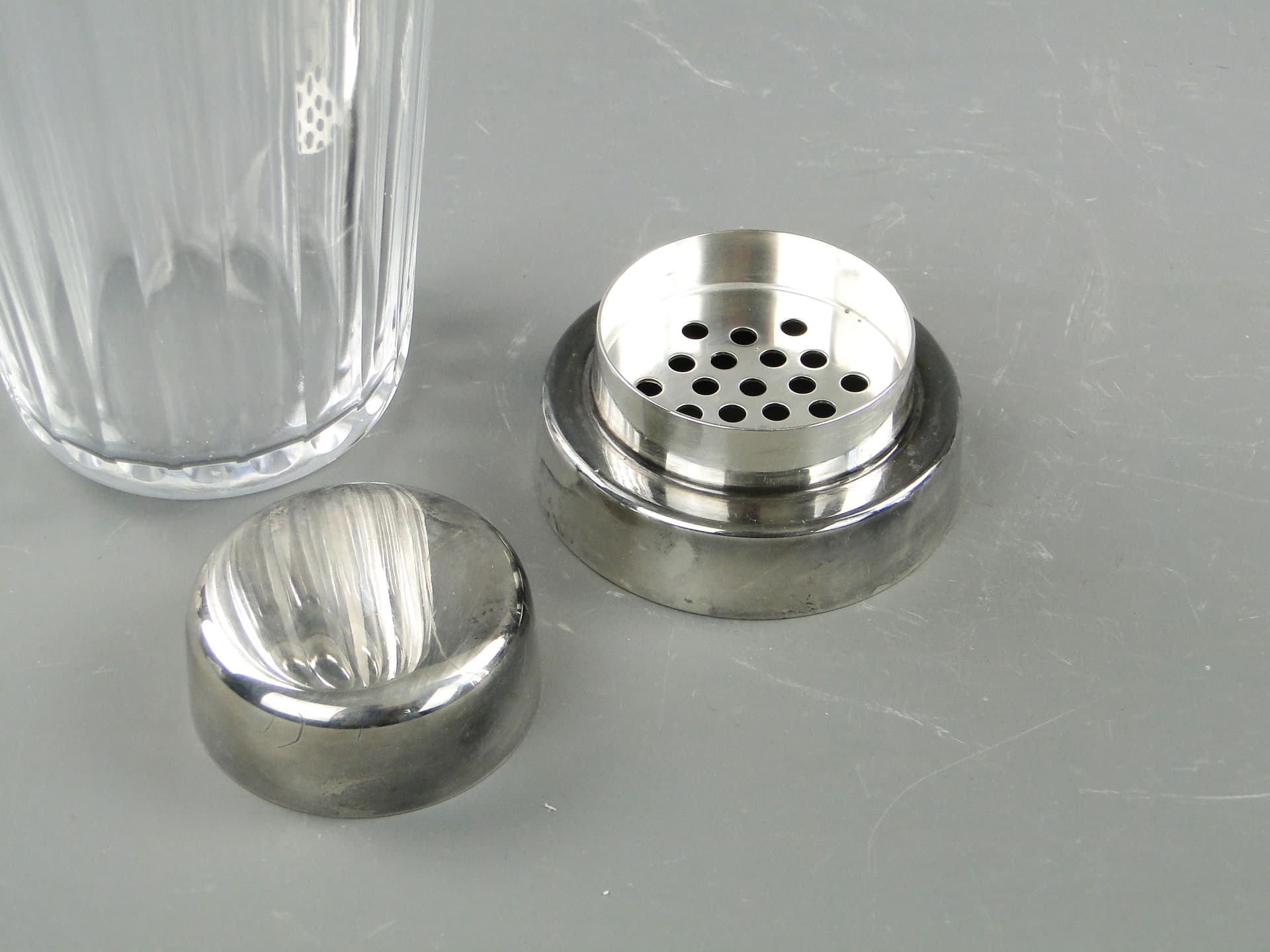 Cocktail shaker, transparent crystal, silver-plated brass, WMF, Germany, 1950s. - 2302