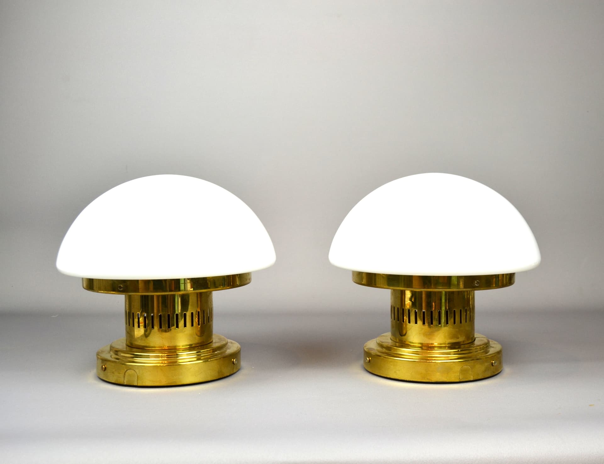 Pair of lamps Bau, golden brass, opal glass, by K. Michalik, Sweden, 1960s. - 119