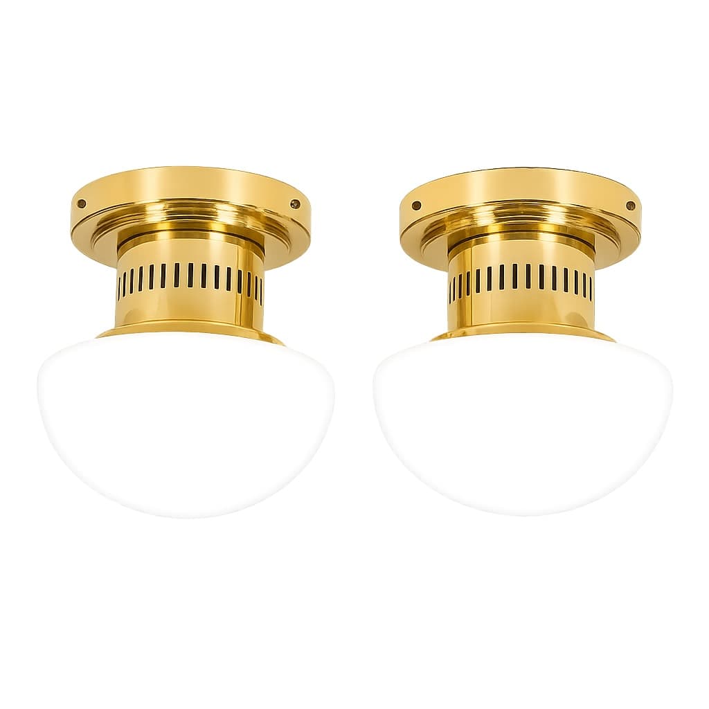 Pair of lamps Bau, golden brass, opal glass, by K. Michalik, Sweden, 1960s.