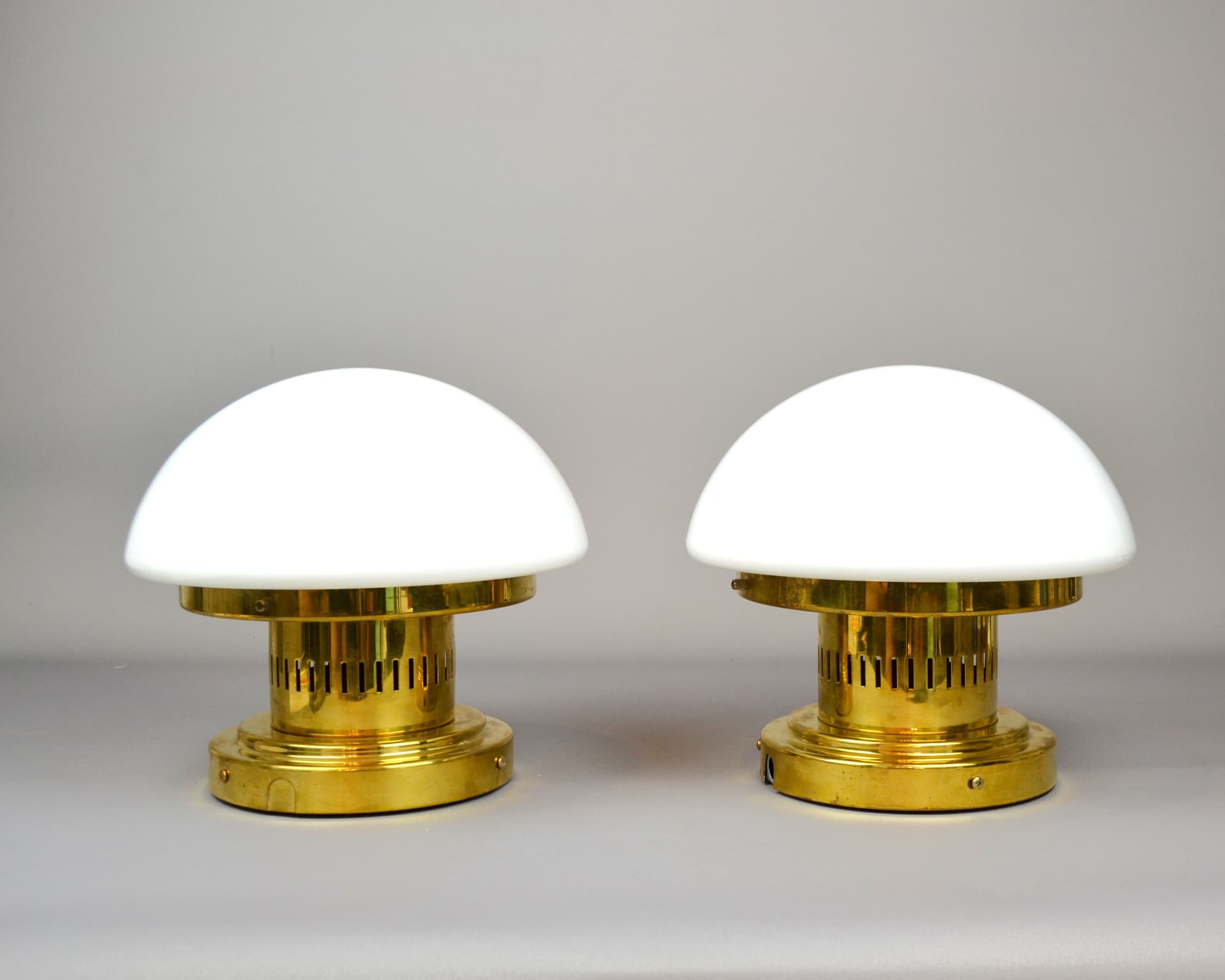 Pair of lamps Bau, golden brass, opal glass, by K. Michalik, Sweden, 1960s. - 118