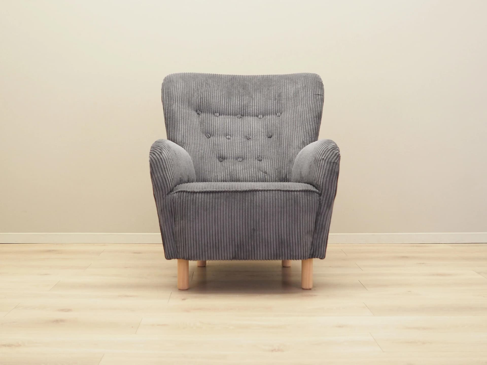 Armchair, Scandinavian, grey velvet, beech, Denmark, 1960s. - 22435