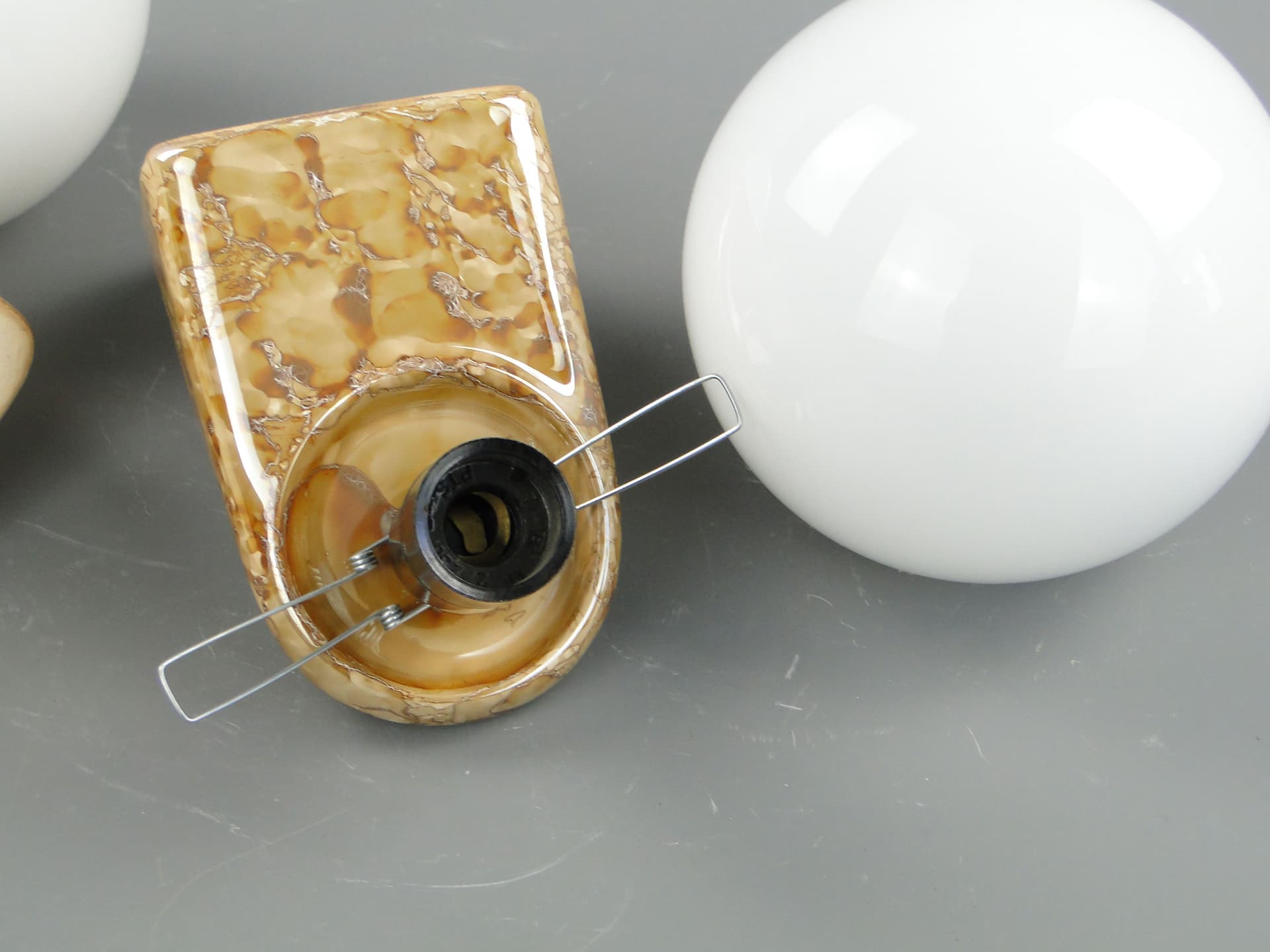 Pair of modernist wall sconces, light brown ceramic, Poland, 1970s - 2403