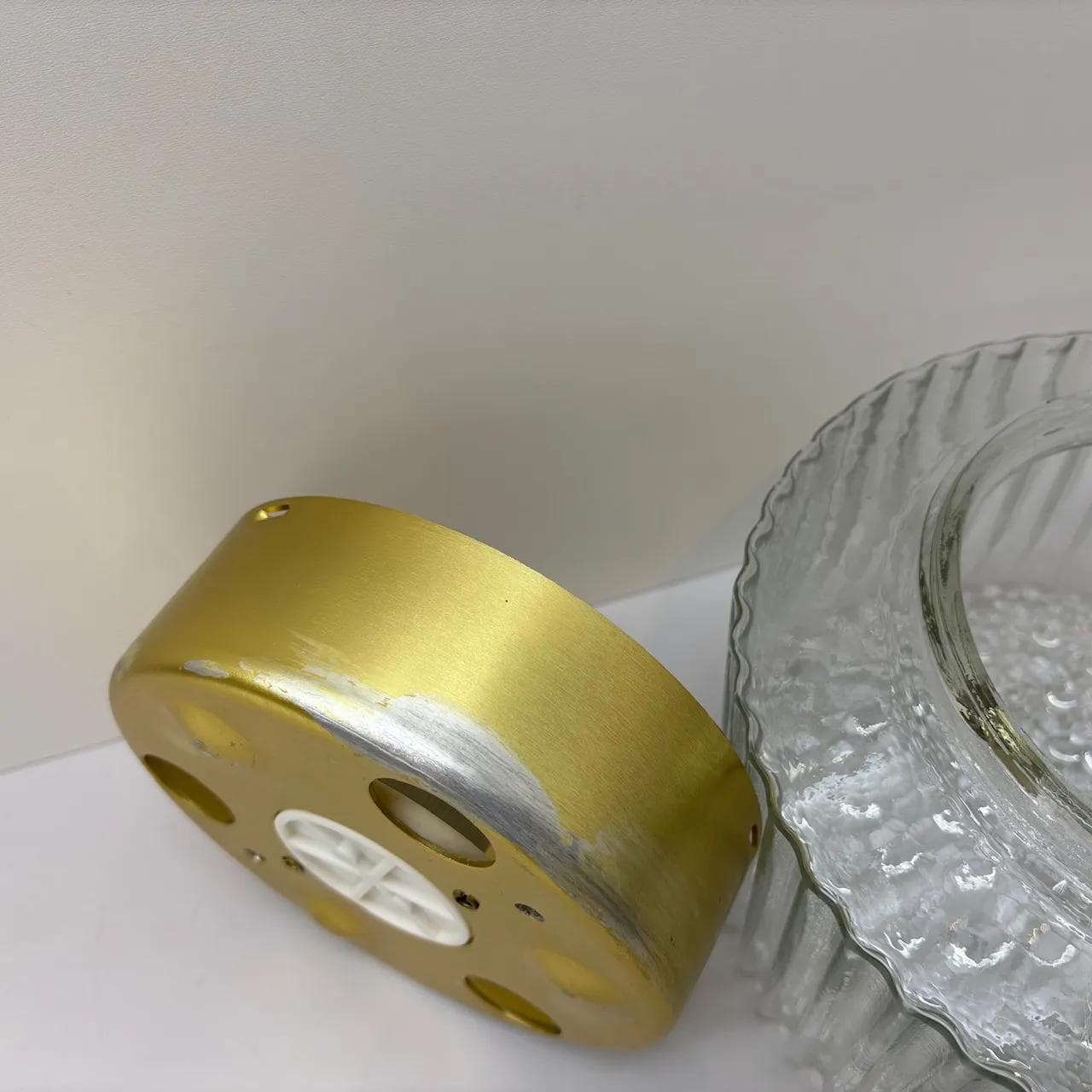 Ceiling Light Bubble, transparent glass, gold aluminium, VEB Görlitz, Germany, 1980s. - 22475