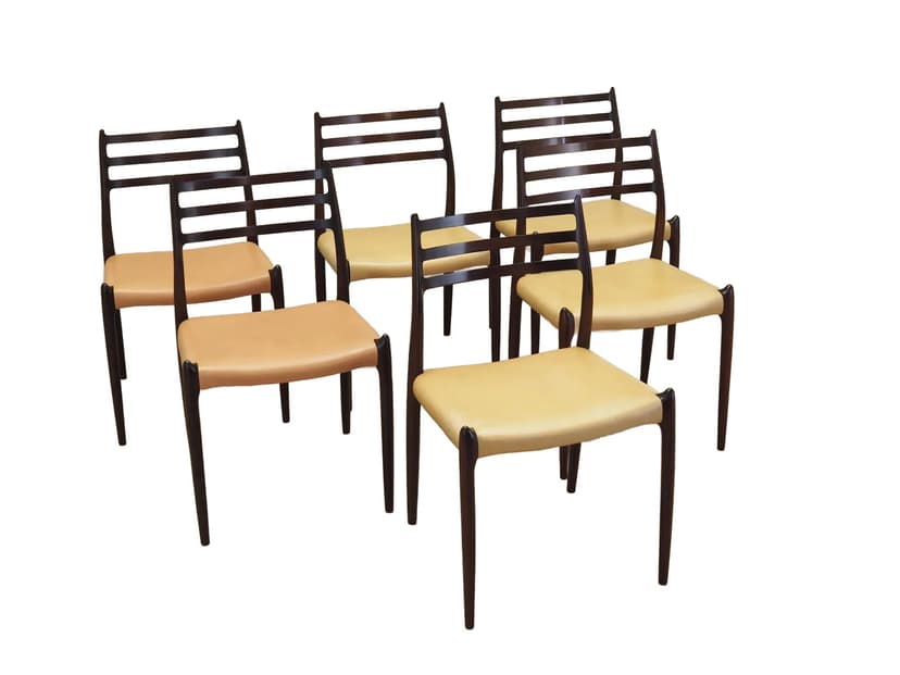 Komplet sześciu krzeseł Model 78, mahoń, skóra beżowa, proj. N. O. Møller, Dania, lata 60.