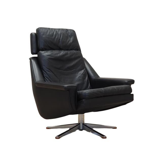 Fotel obrotowy, skóra naturalna czarna, metal, proj. W. Langenfeld, Dania, lata 70. - WYMIARY