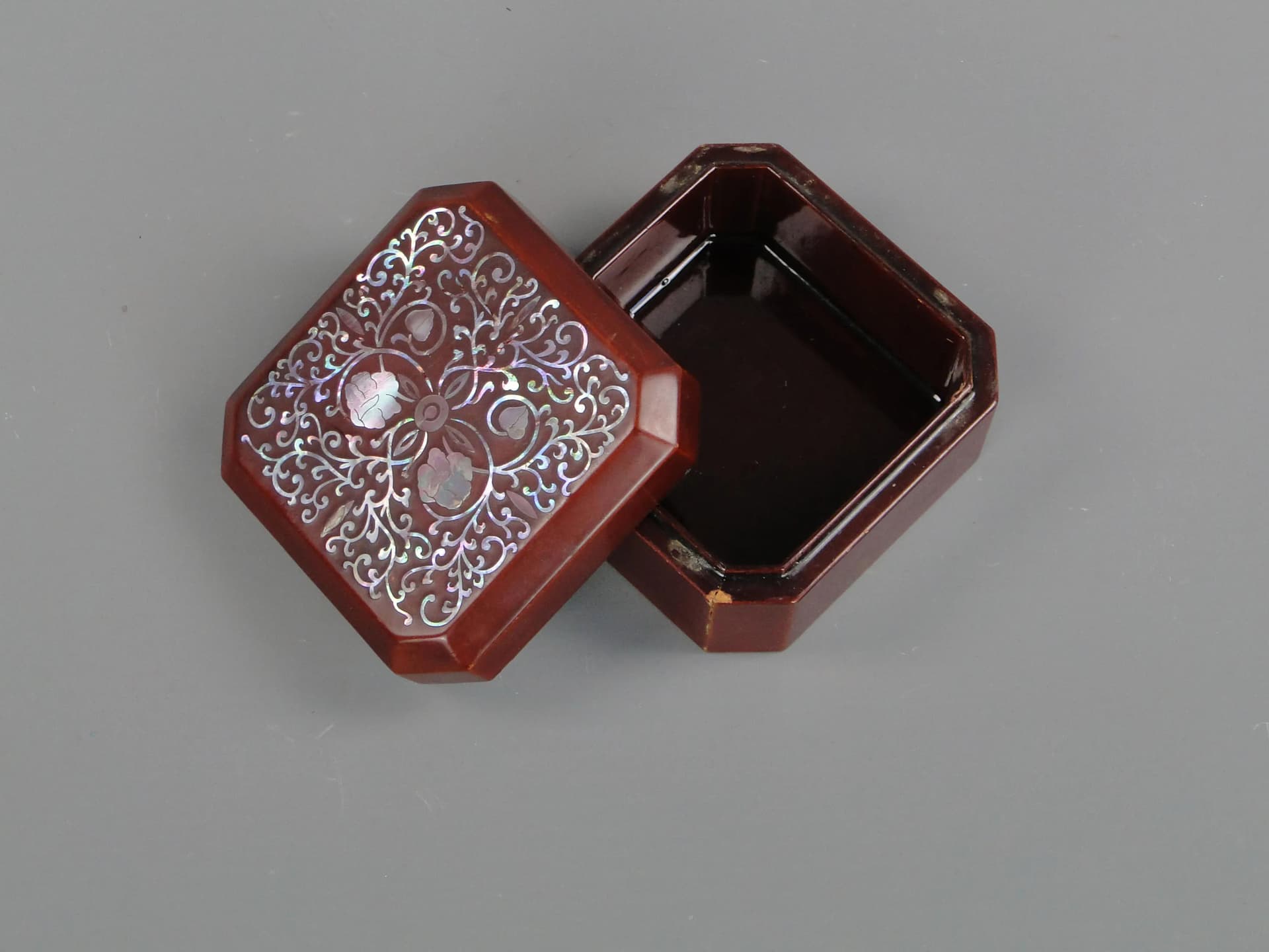 Oriental box, brown, wood lacquer mother-of-pearl, North Korea, 1980s. - 22856