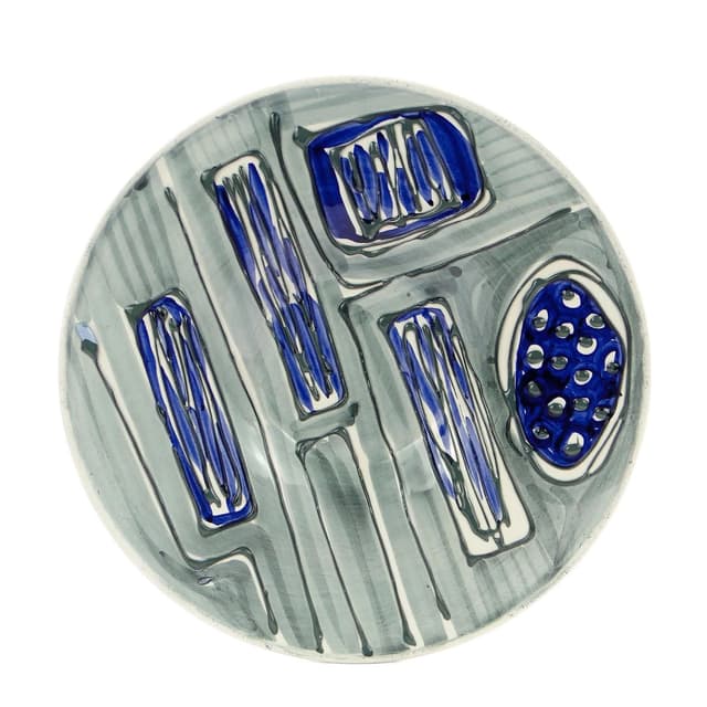 Szara fajansowa patera dekoracyjna kapelusz z wypukłą dekoracją kobaltową, proj. Instytut Wzornictwa Przemysłowego dla Włocławka, Polska, lata 50. - WYMIARY